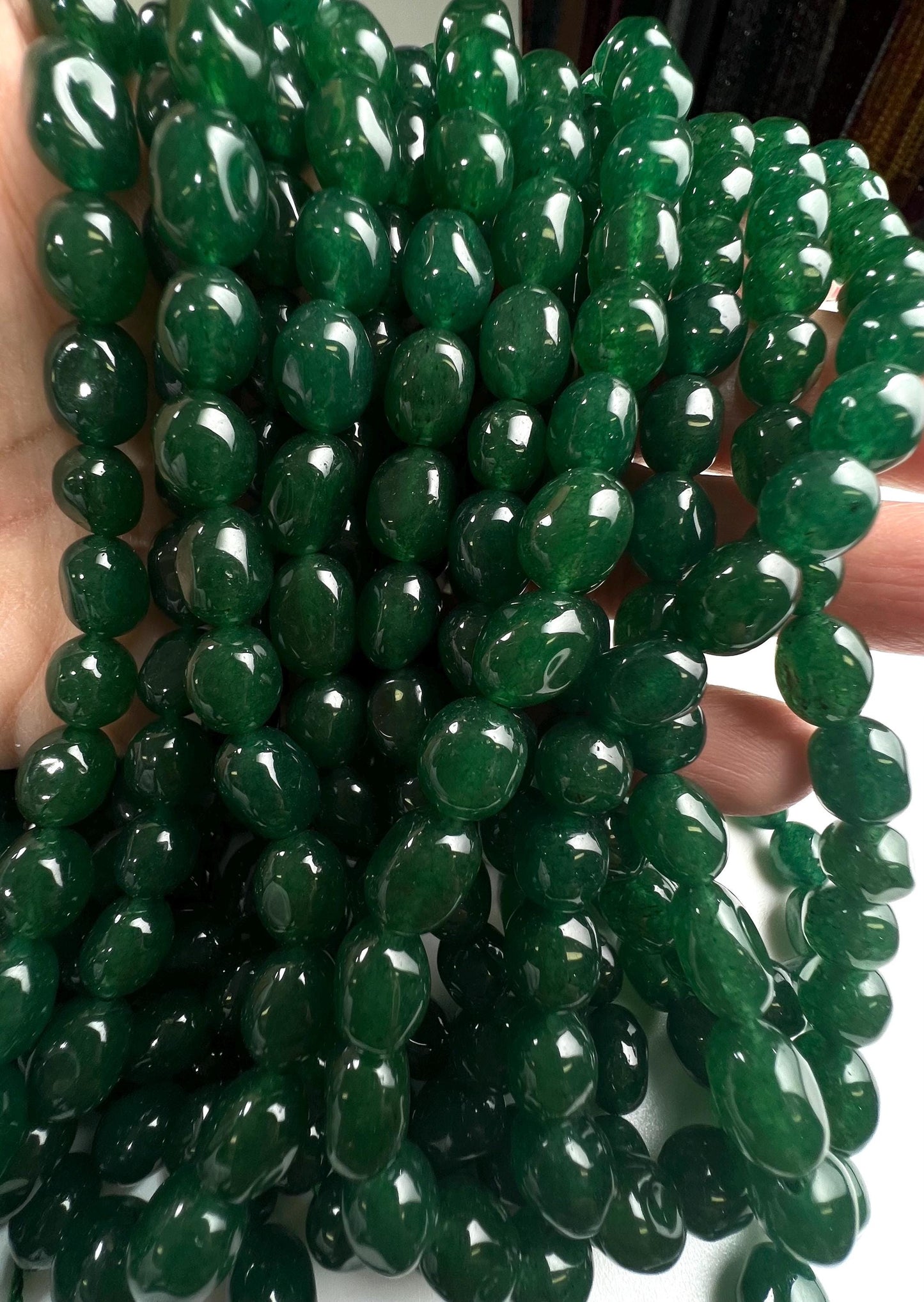 Dark green jade oval smooth 8x10mm beads for jewelry making 14” strand