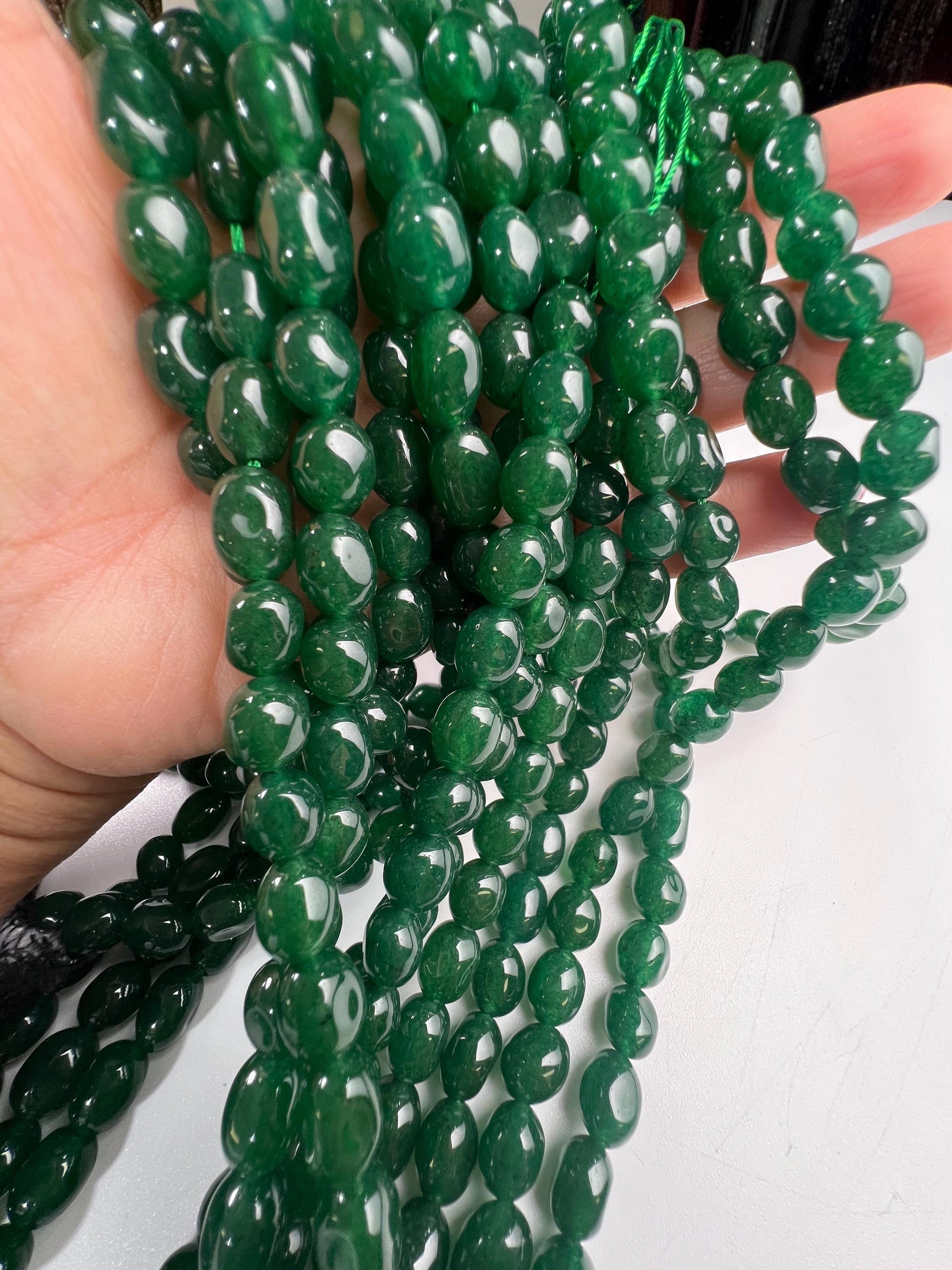 Dark green jade oval smooth 8x10mm beads for jewelry making 14” strand