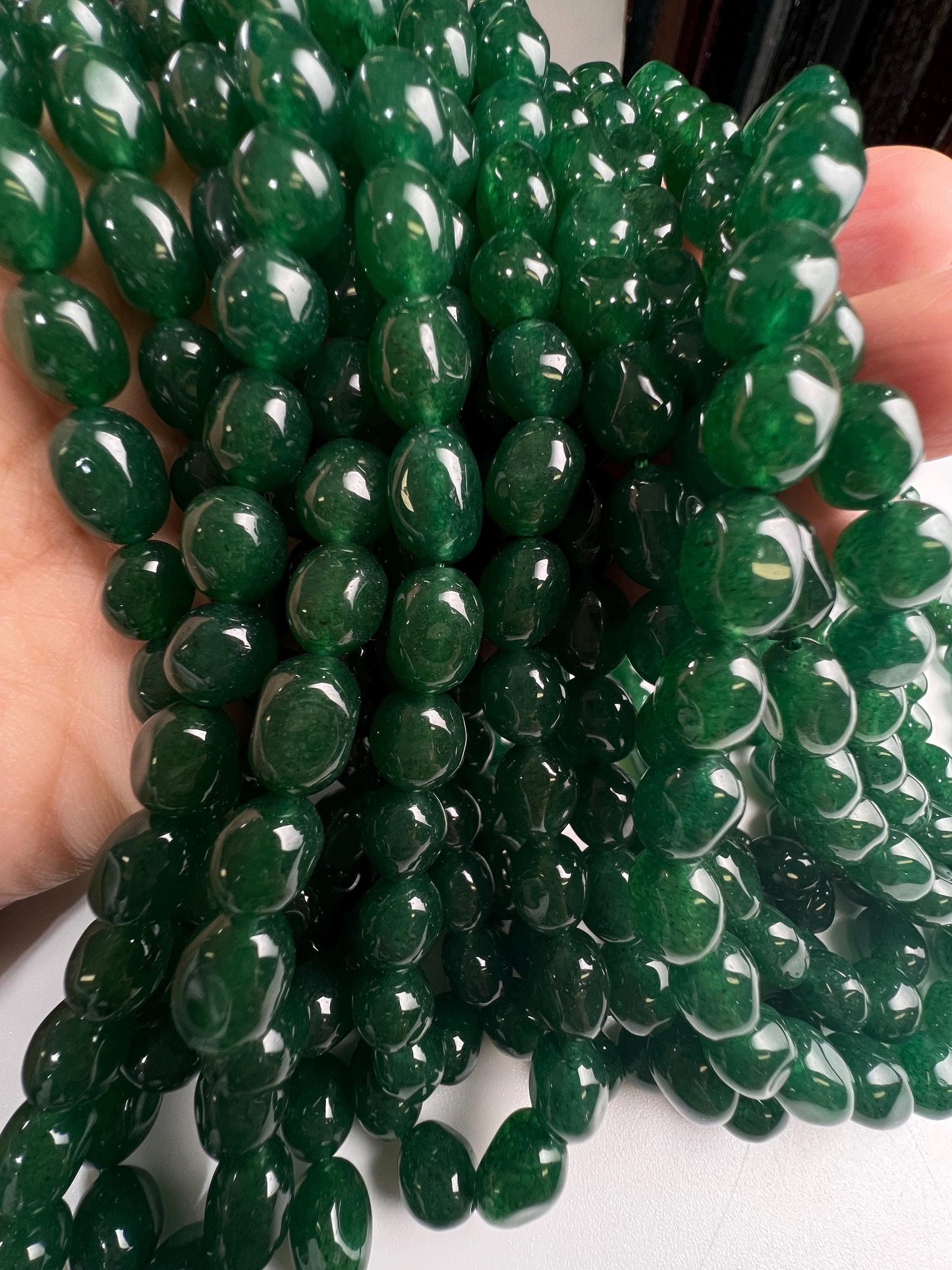Dark green jade oval smooth 8x10mm beads for jewelry making 14” strand