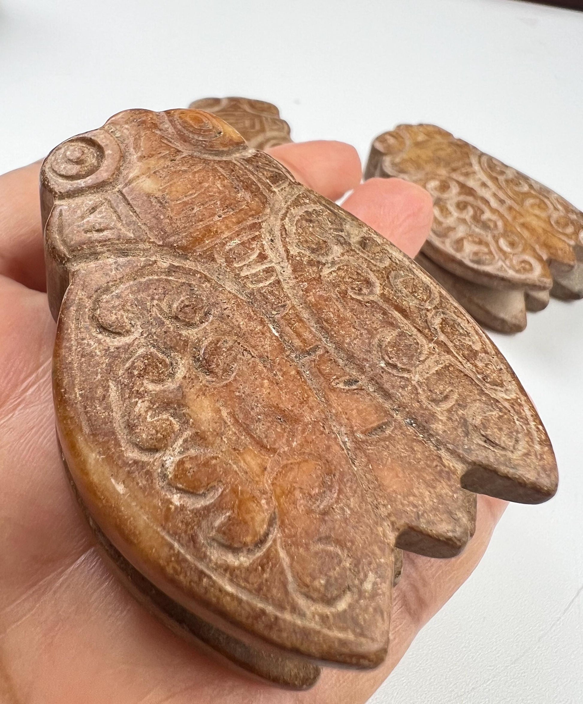 Vintage Natural Antique jade Handcrafted Sakata Bug Good luck pocket stone Mineral rebirth transformation piece