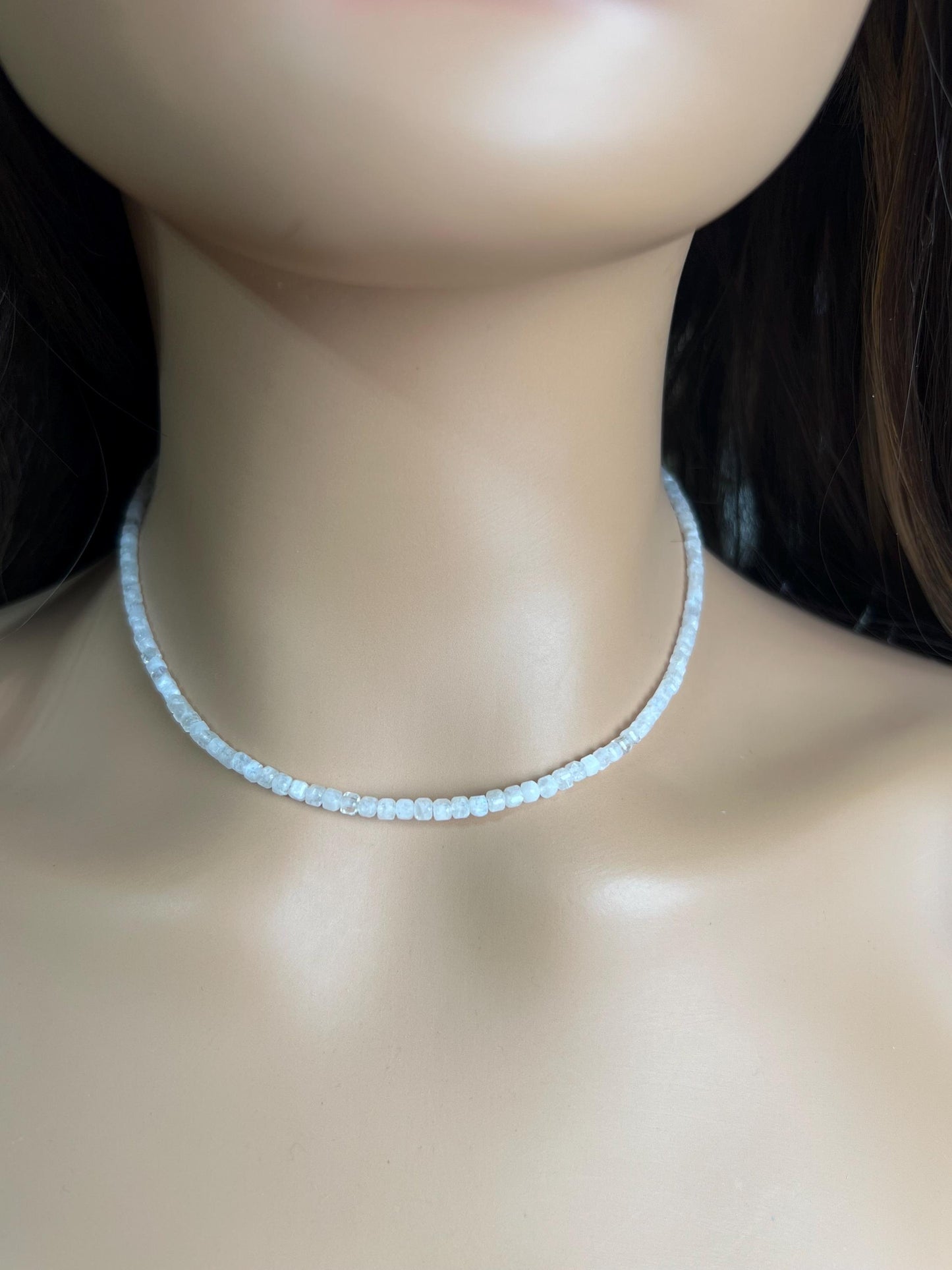 Natural Moonstone square Cube Silver white Necklace for Man and woman, minimalist chakra healing gift