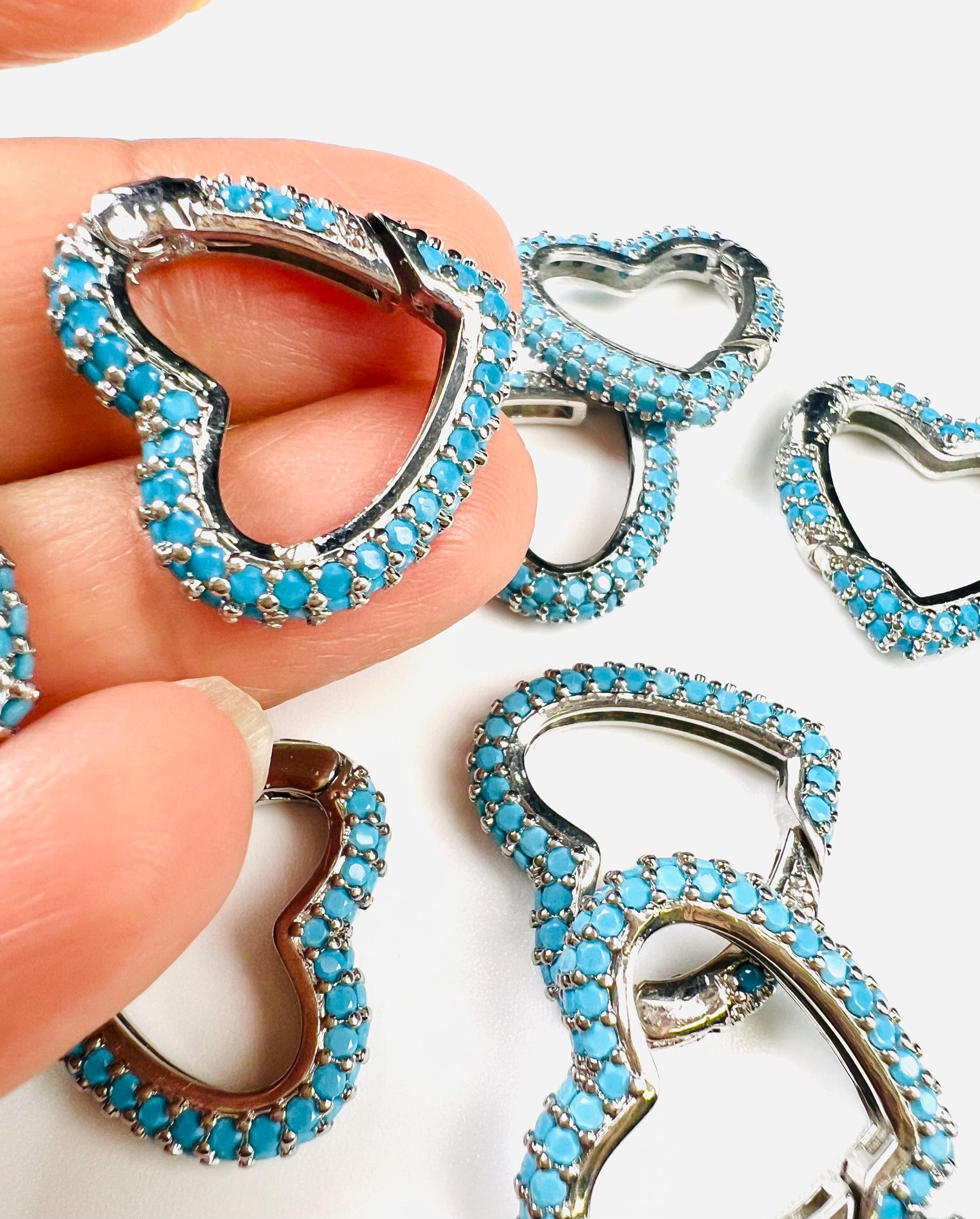 Turquoise Heart shape Carabiner push in open Clasp double sided turquoise setting Jewelry making fancy heart clasp 1pc, 15mm