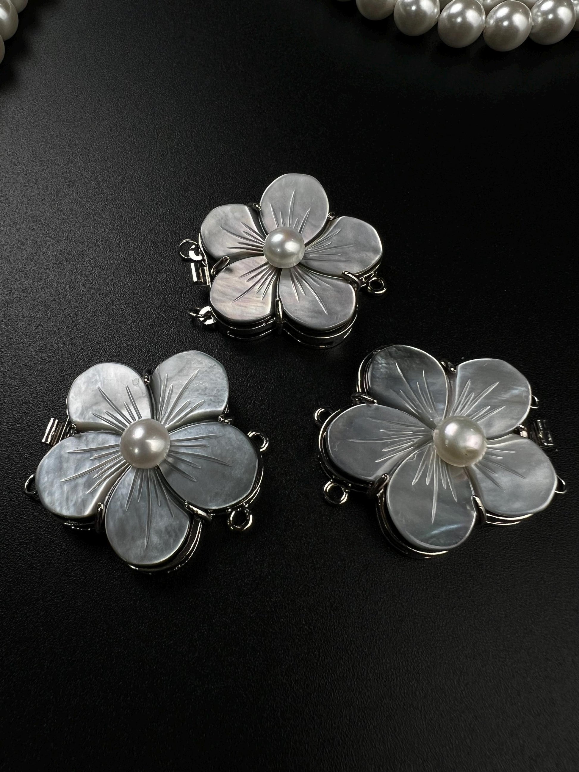 Natural Mother of pearl black lip 2 line Fancy Daisy flower pearl clasp Jewelry Making Rhodium silver push open use for 2 or 4 line necklace