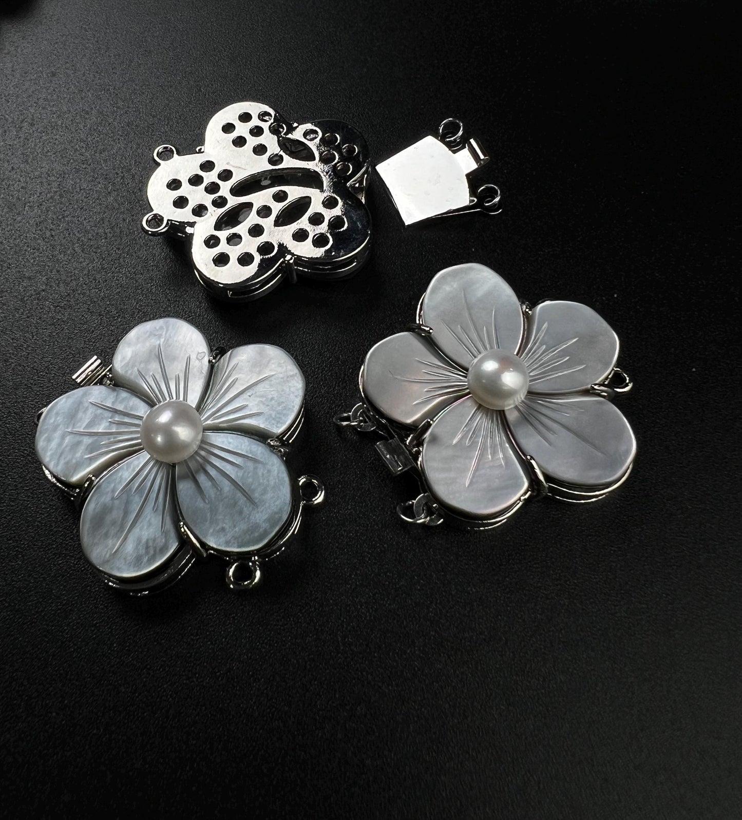 Natural Mother of pearl black lip 2 line Fancy Daisy flower pearl clasp Jewelry Making Rhodium silver push open use for 2 or 4 line necklace