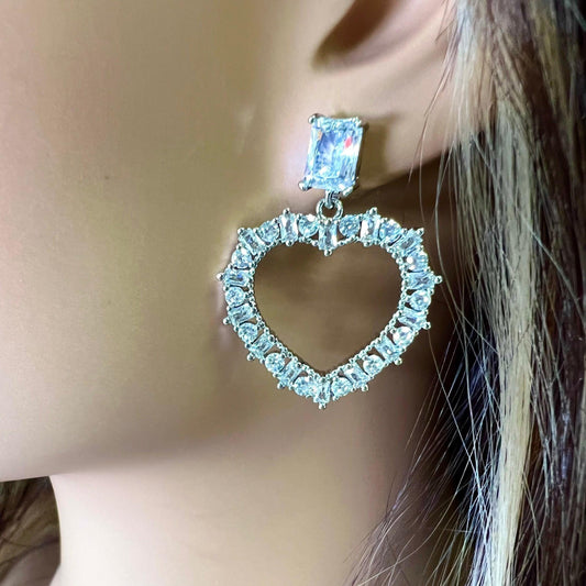 Cubic zirconia CZ diamond heart shape dangling Clear CZ princess cut Fancy Post Earrings, Valentine Evening Wear,Bridal, valentines Gift.