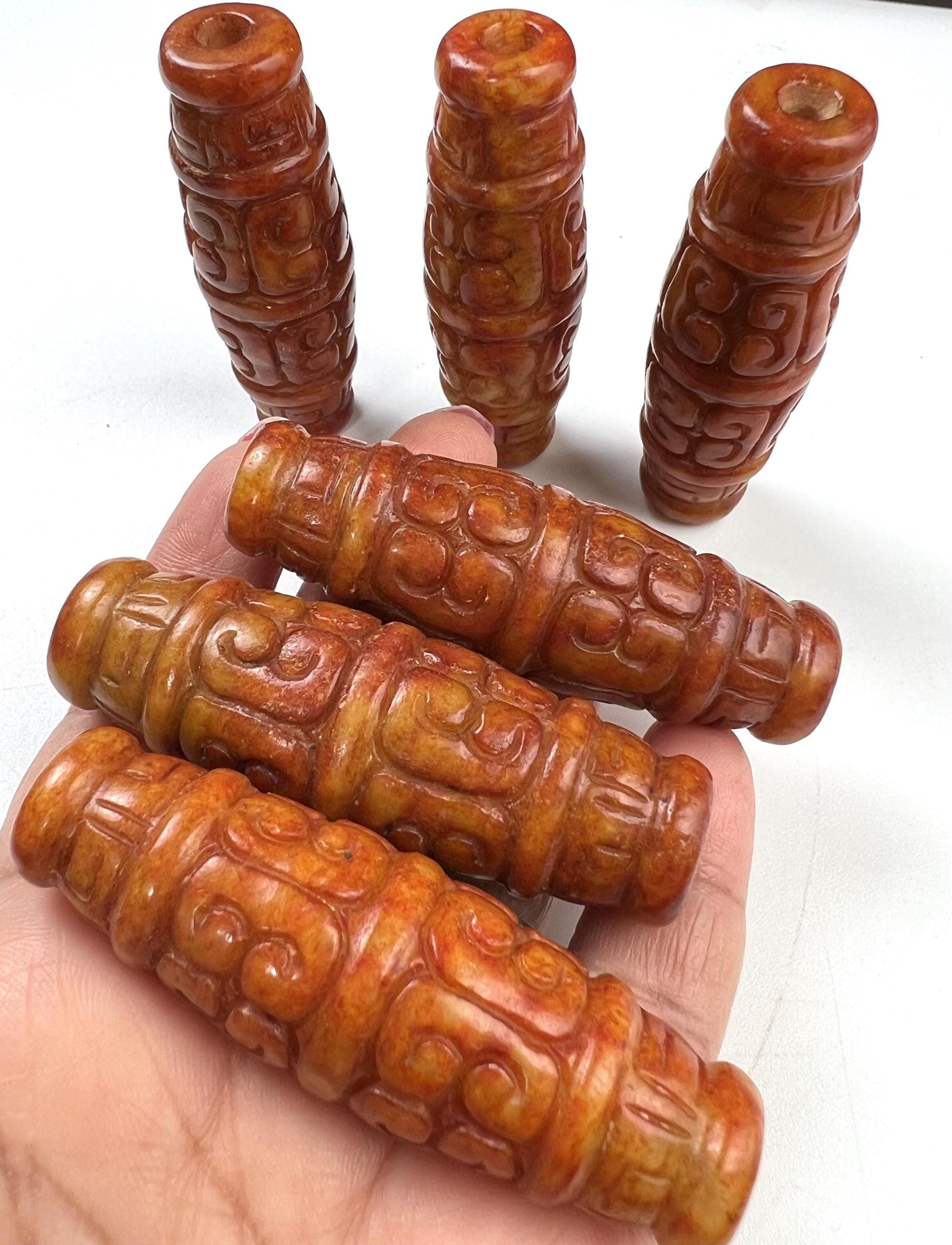 Vintage Natural Antique Tibetian jade Handcrafted Jadeite long bead pocket stone Mineral focal jewelry pendant piece Good Luck