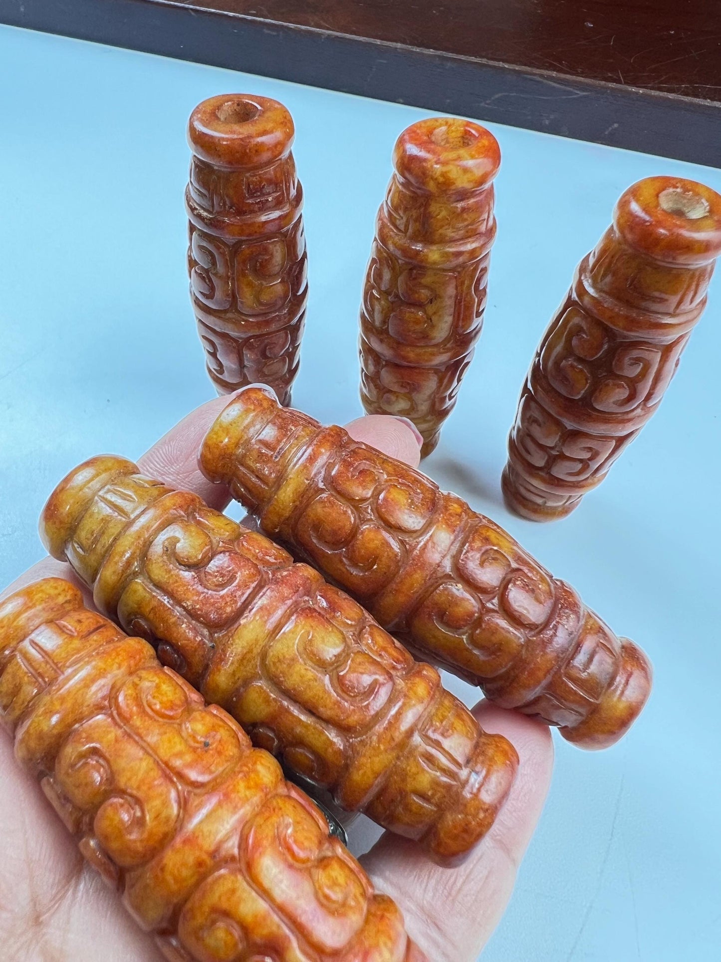 Vintage Natural Antique Tibetian jade Handcrafted Jadeite long bead pocket stone Mineral focal jewelry pendant piece Good Luck