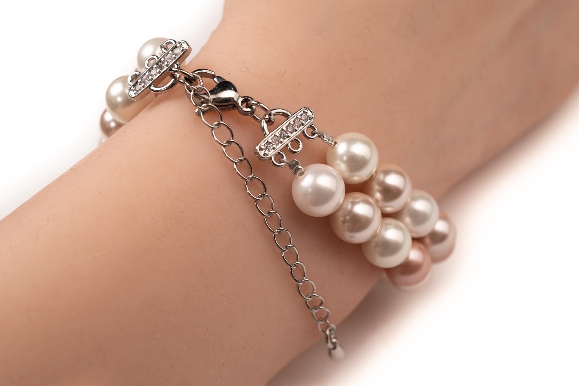 Double layered South Sea Shell Pearl 8mm Multi Baby Pink Bracelet with 2" Extender Necklace, CZ Diamond fancy adjustable clasp. Gift for Her