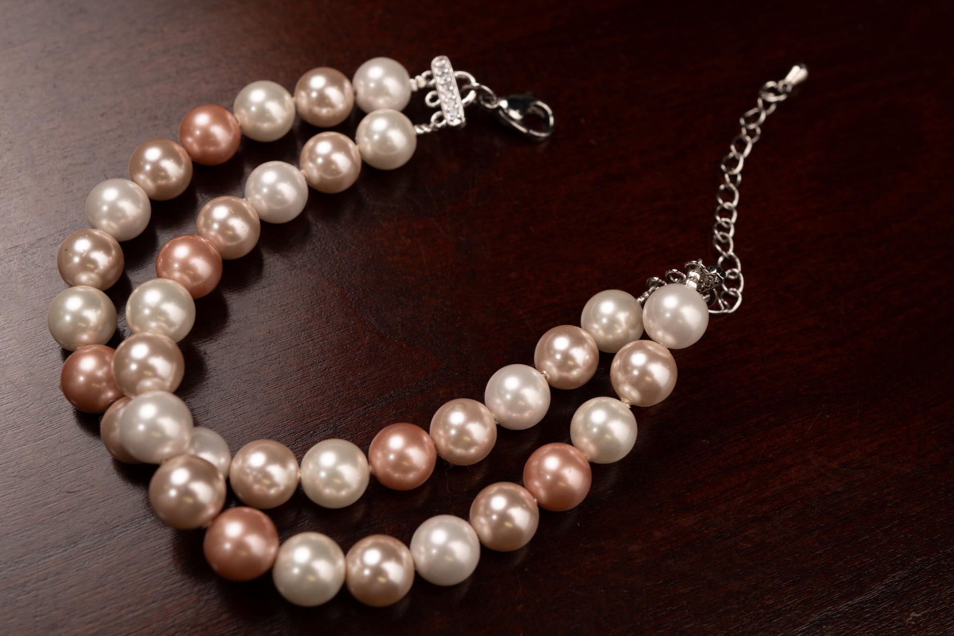 Double layered South Sea Shell Pearl 8mm Multi Baby Pink Bracelet with 2" Extender Necklace, CZ Diamond fancy adjustable clasp. Gift for Her