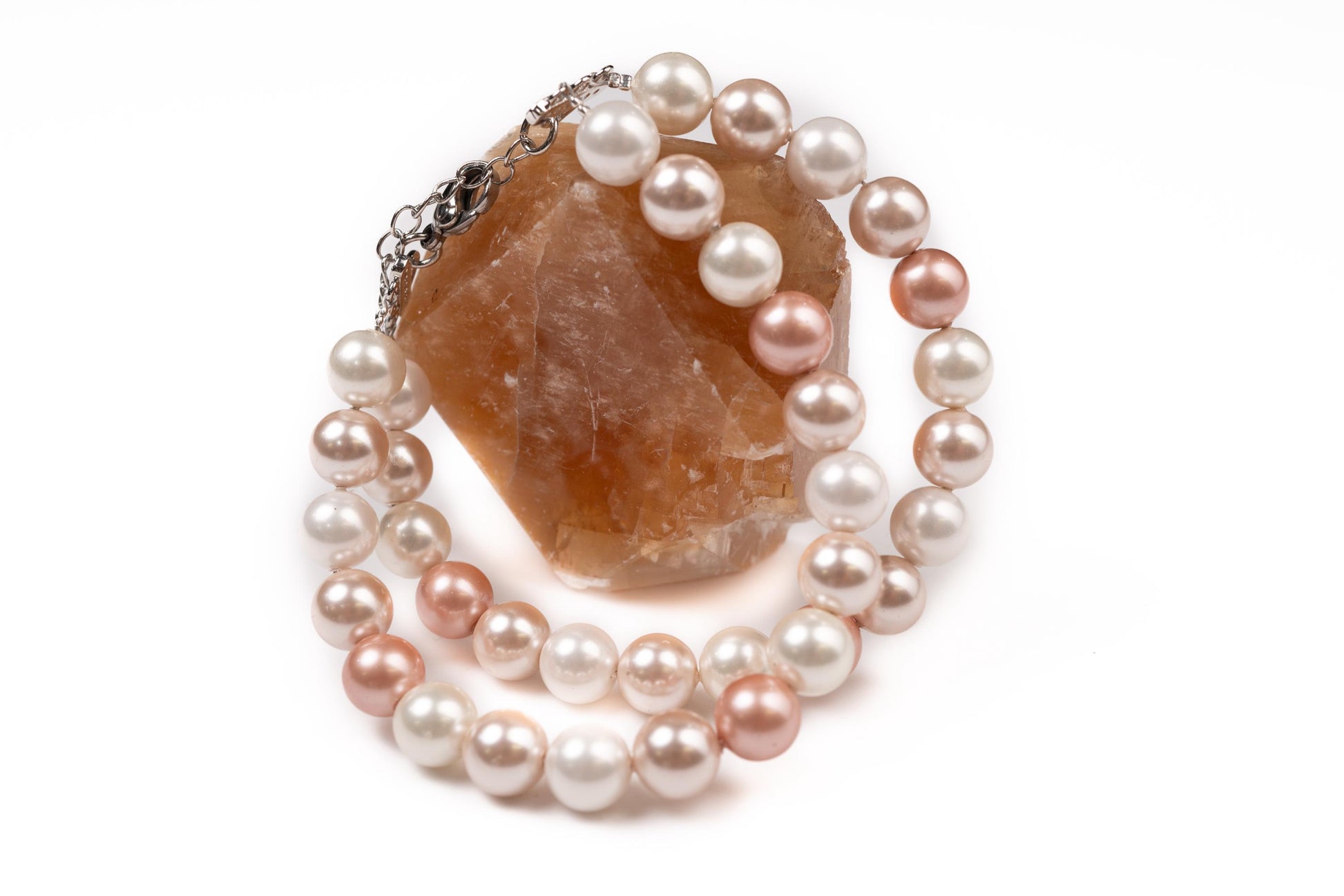 Double layered South Sea Shell Pearl 8mm Multi Baby Pink Bracelet with 2" Extender Necklace, CZ Diamond fancy adjustable clasp. Gift for Her
