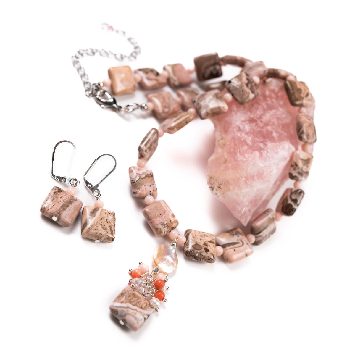 Argentina Rhodochrosite Square Pillow Shape Necklace, Earrings Set, Freshwater Coin Pearl accents with Moonstone, Coral & Carnelian Clusters