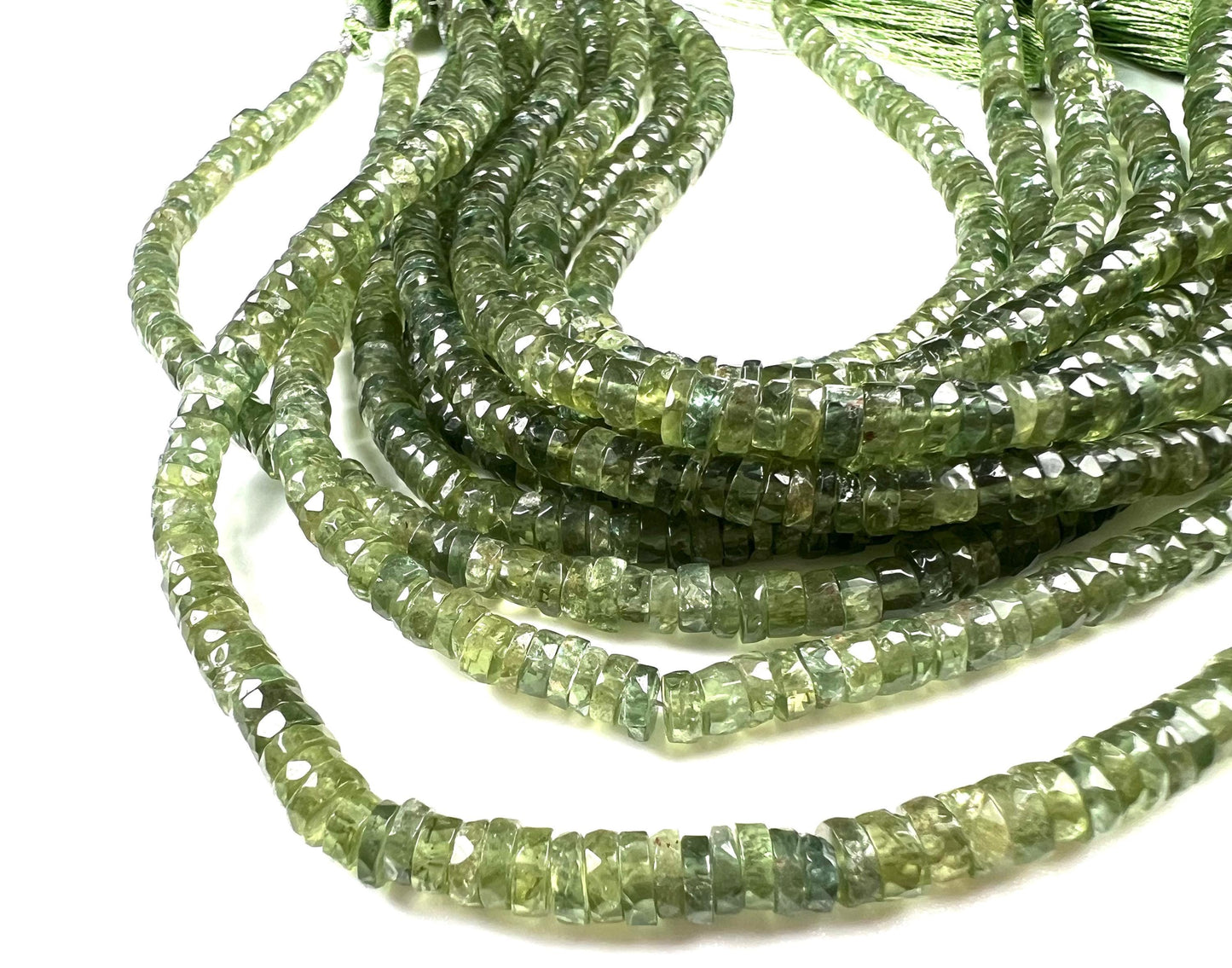 Natural Green Apatite Heishi Weel faceted handcut roundel beads for jewelry making 5mm 8” organic strand