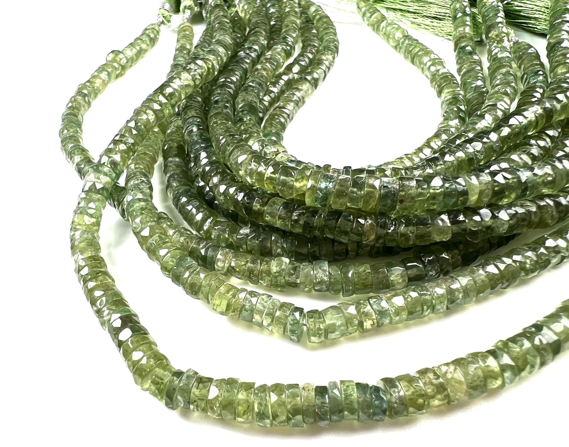 Natural Green Apatite Heishi Weel faceted handcut roundel beads for jewelry making 5mm 8” organic strand