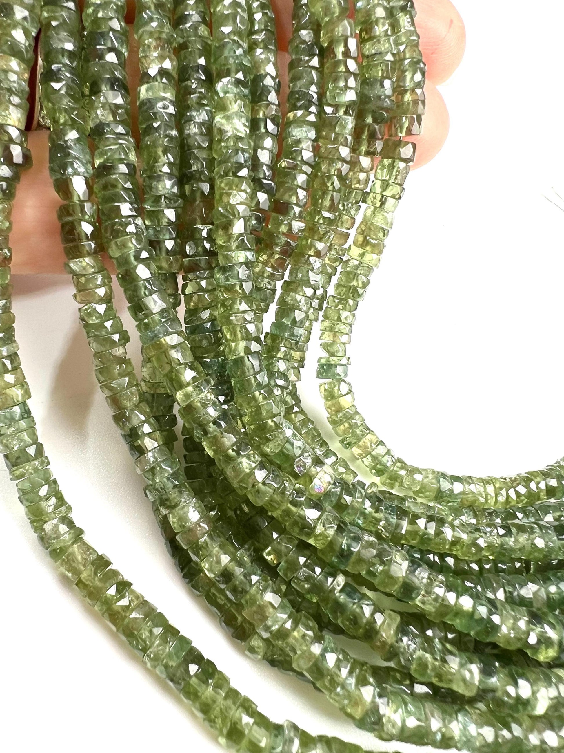 Natural Green Apatite Heishi Weel faceted handcut roundel beads for jewelry making 5mm 8” organic strand