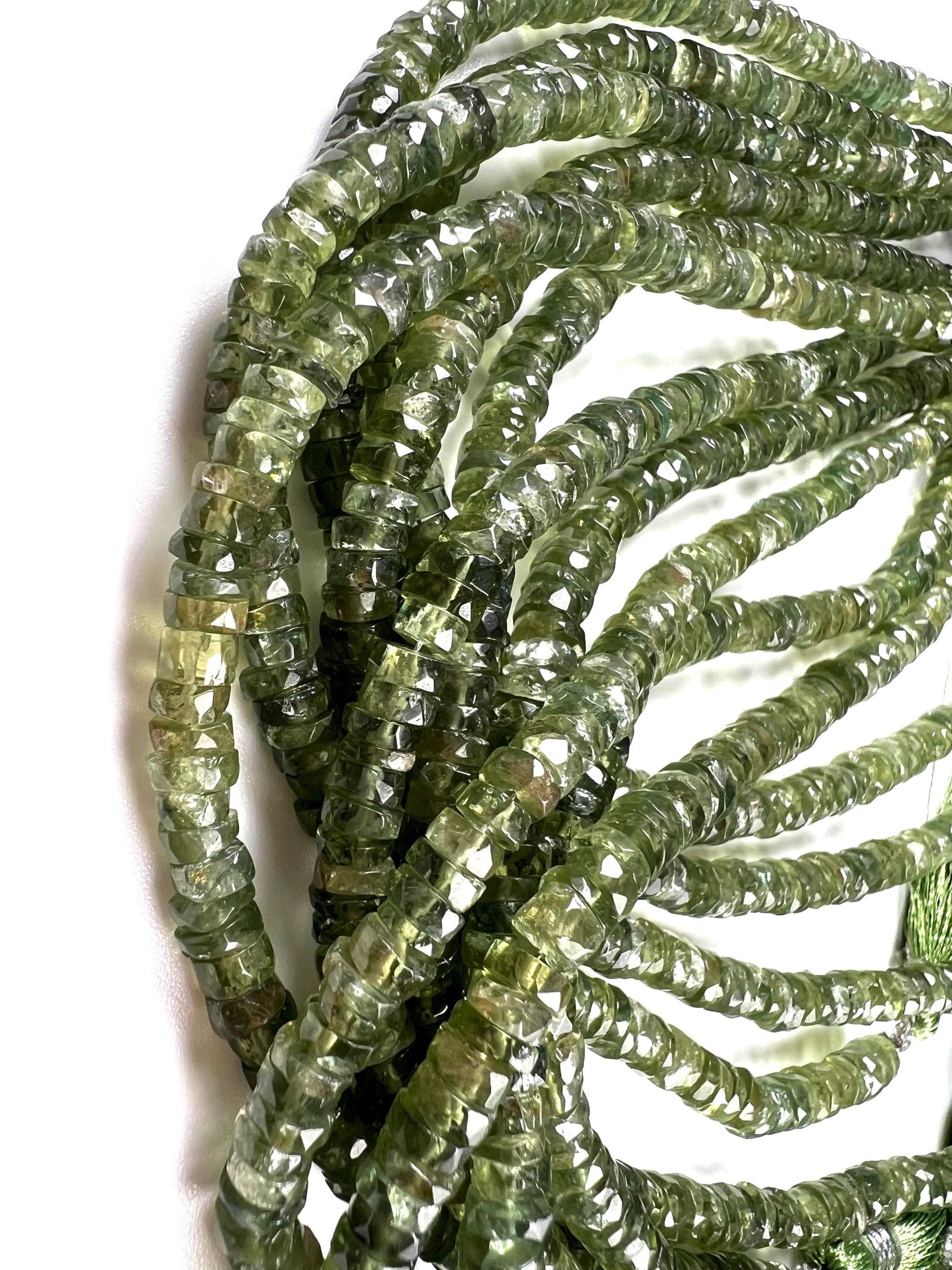 Natural Green Apatite Heishi Weel faceted handcut roundel beads for jewelry making 5mm 8” organic strand