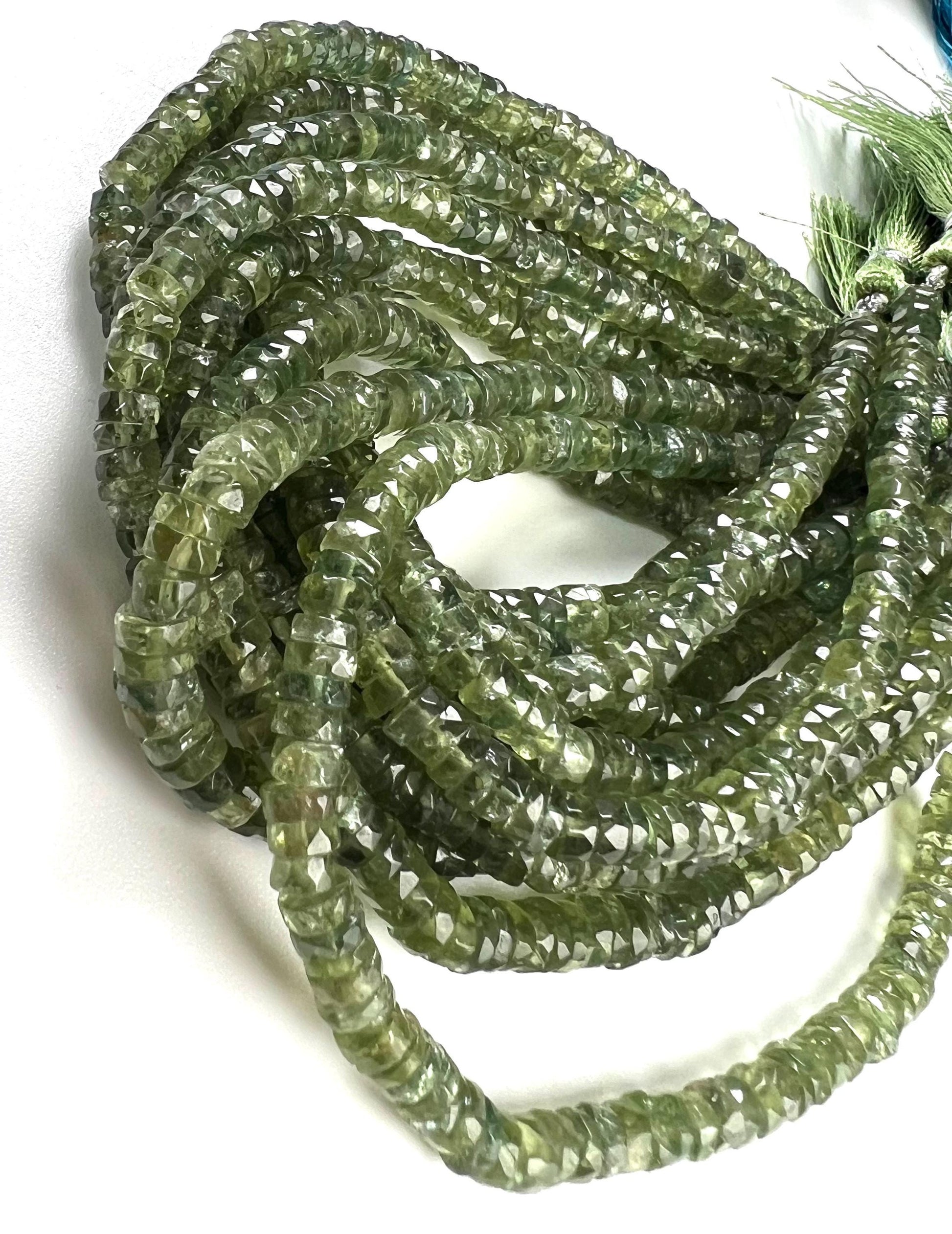Natural Green Apatite Heishi Weel faceted handcut roundel beads for jewelry making 5mm 8” organic strand