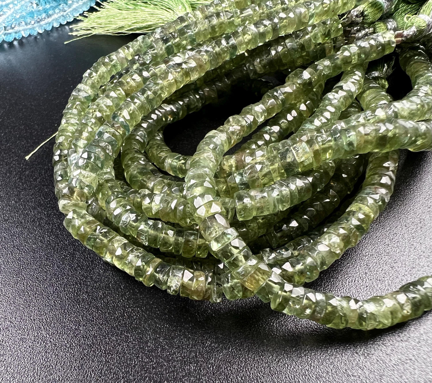 Natural Green Apatite Heishi Weel faceted handcut roundel beads for jewelry making 5mm 8” organic strand