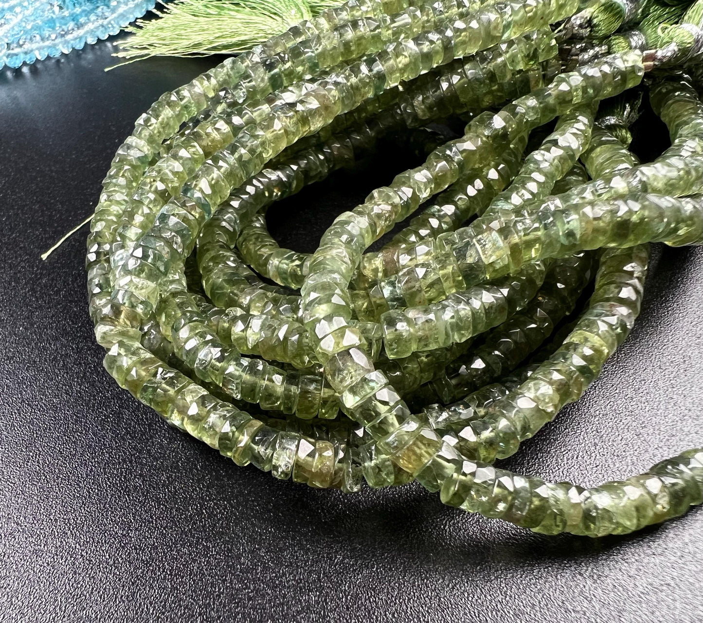 Natural Green Apatite Heishi Weel faceted handcut roundel beads for jewelry making 5mm 8” organic strand