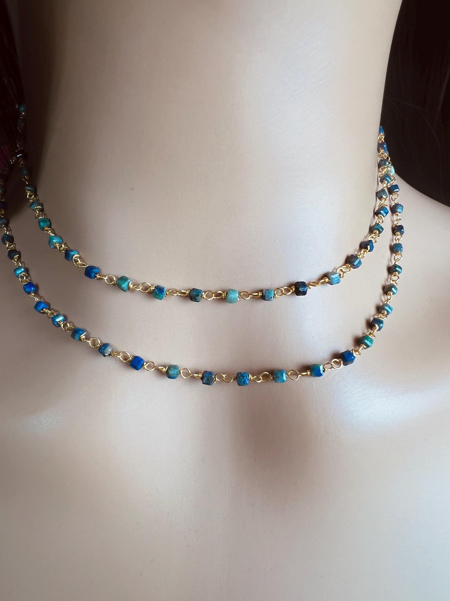 Chrysocolla square cube shape Wire Wrapped handmade gold gold Necklace, choker, layering , Holiday Gift, 14"- 30". Very beautiful