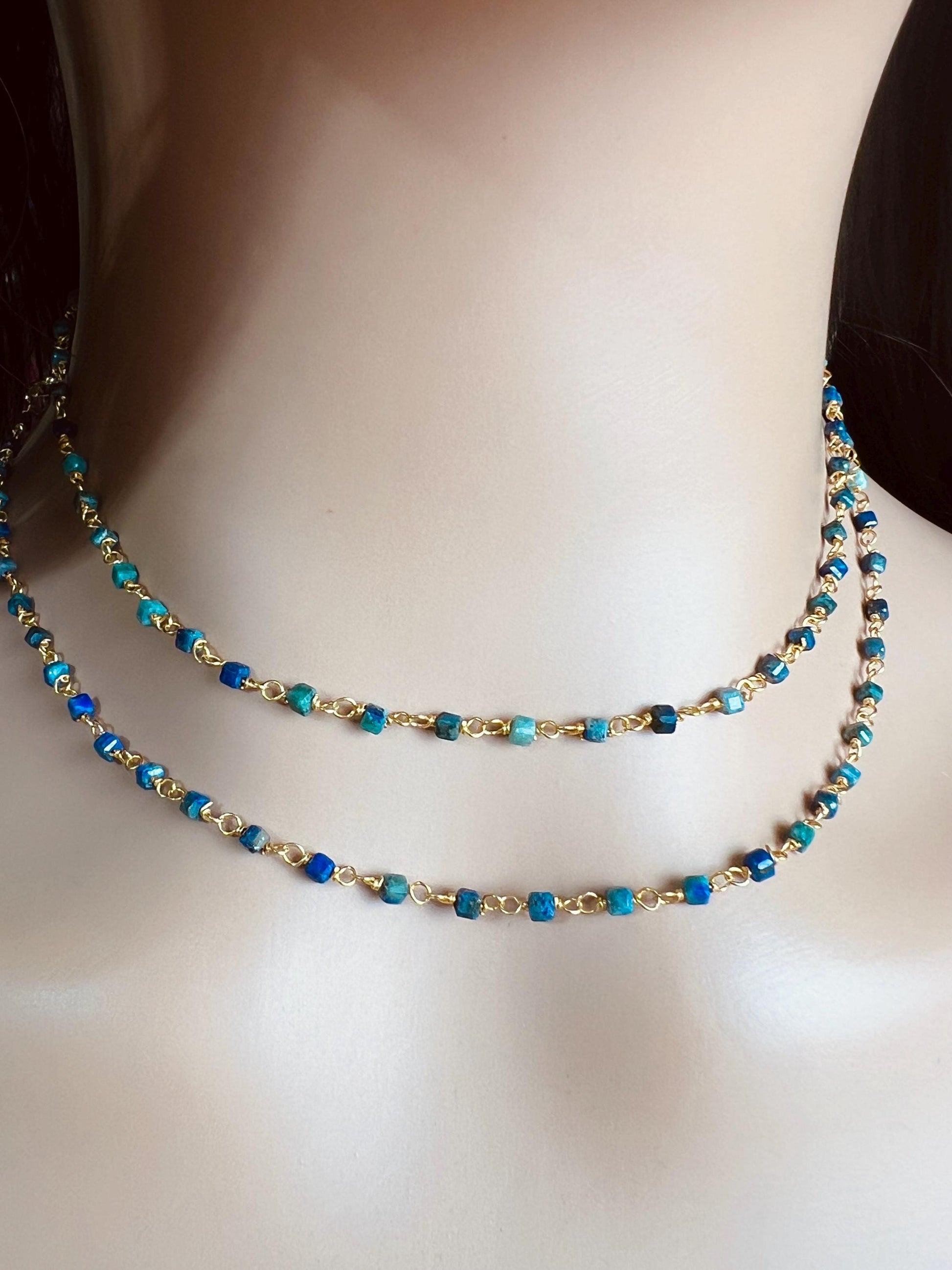 Chrysocolla square cube shape Wire Wrapped handmade gold gold Necklace, choker, layering , Holiday Gift, 14"- 30". Very beautiful