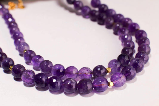 Natural Amethyst Purple 8mm Faceted Double Layered Front and 4mm Faceted Back Total 18" and 20" 2 Layer Gold Necklace Plus 2" Extension
