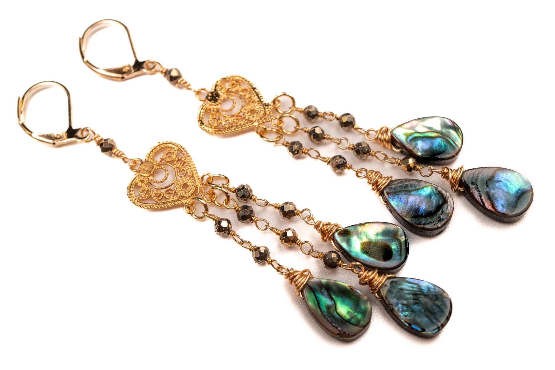 Genuine Abalone Teardrop Dangling Filigree Chandelier Heart, Faceted Labradorite Wire Wrapped Silver Earrings, Handmade Gift for Her