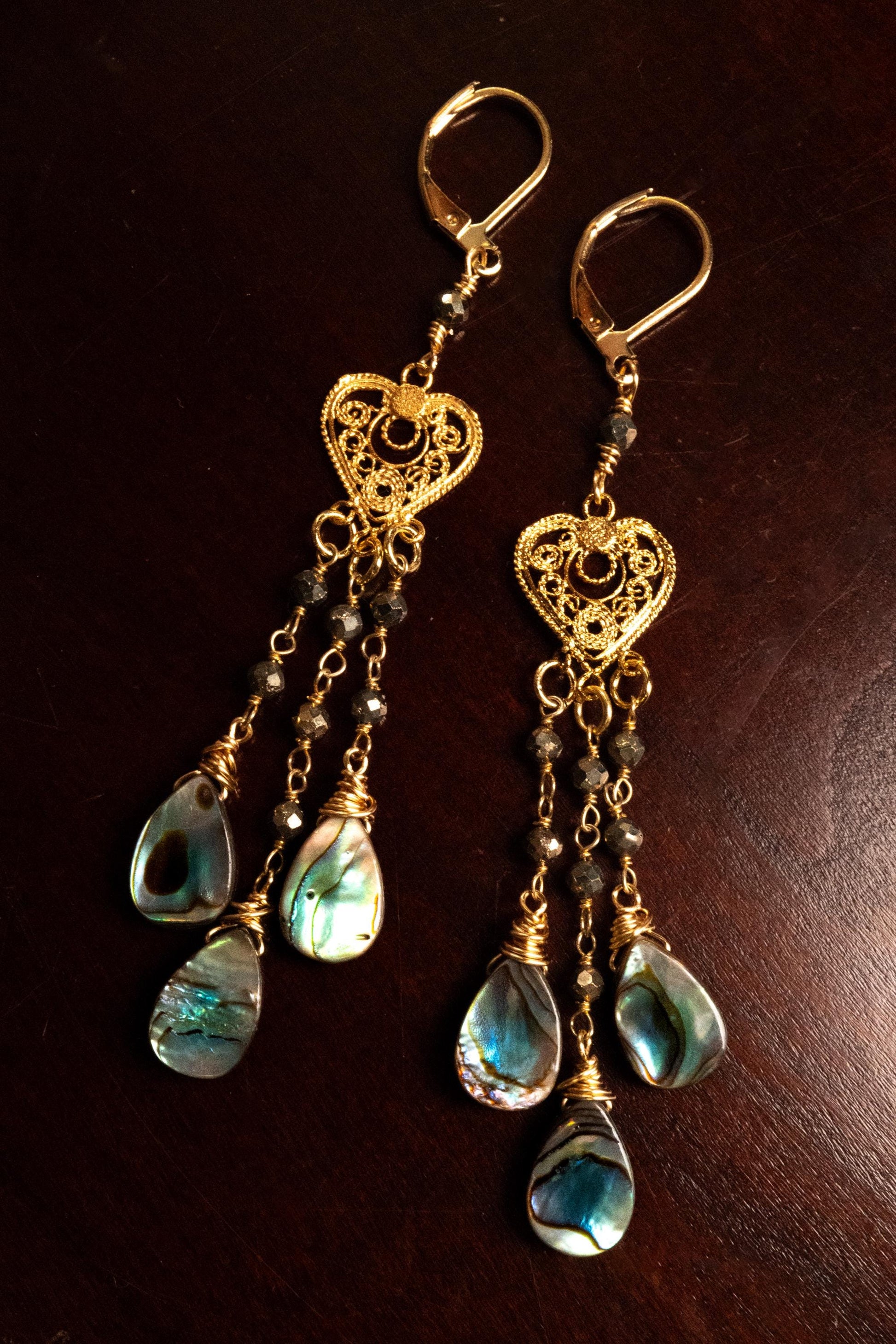 Genuine Abalone Teardrop Dangling Filigree Chandelier Heart, Faceted Labradorite Wire Wrapped Silver Earrings, Handmade Gift for Her
