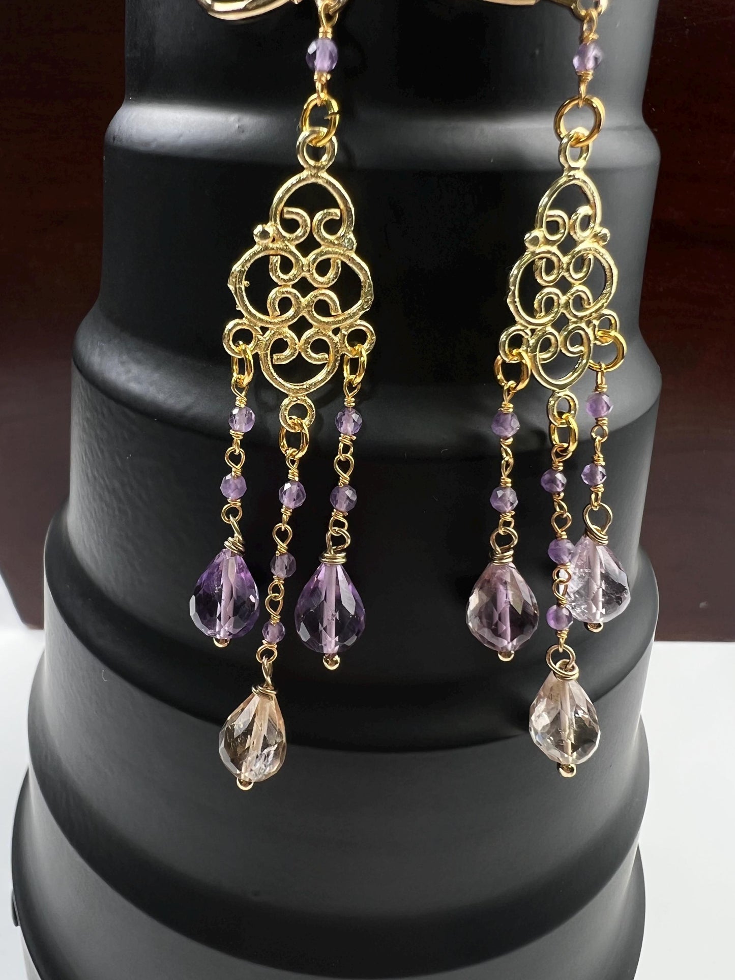 Natural Ametrine Faceted Drop Chandelier Earrings, handmade gemstone Wire wrapped yellow purple 18k Gold Vermeil Earring