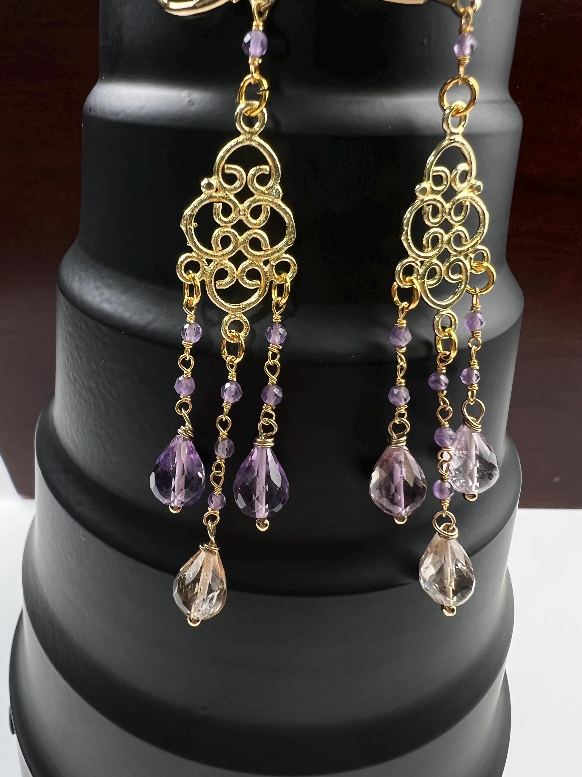Natural Ametrine Faceted Drop Chandelier Earrings, handmade gemstone Wire wrapped yellow purple 18k Gold Vermeil Earring