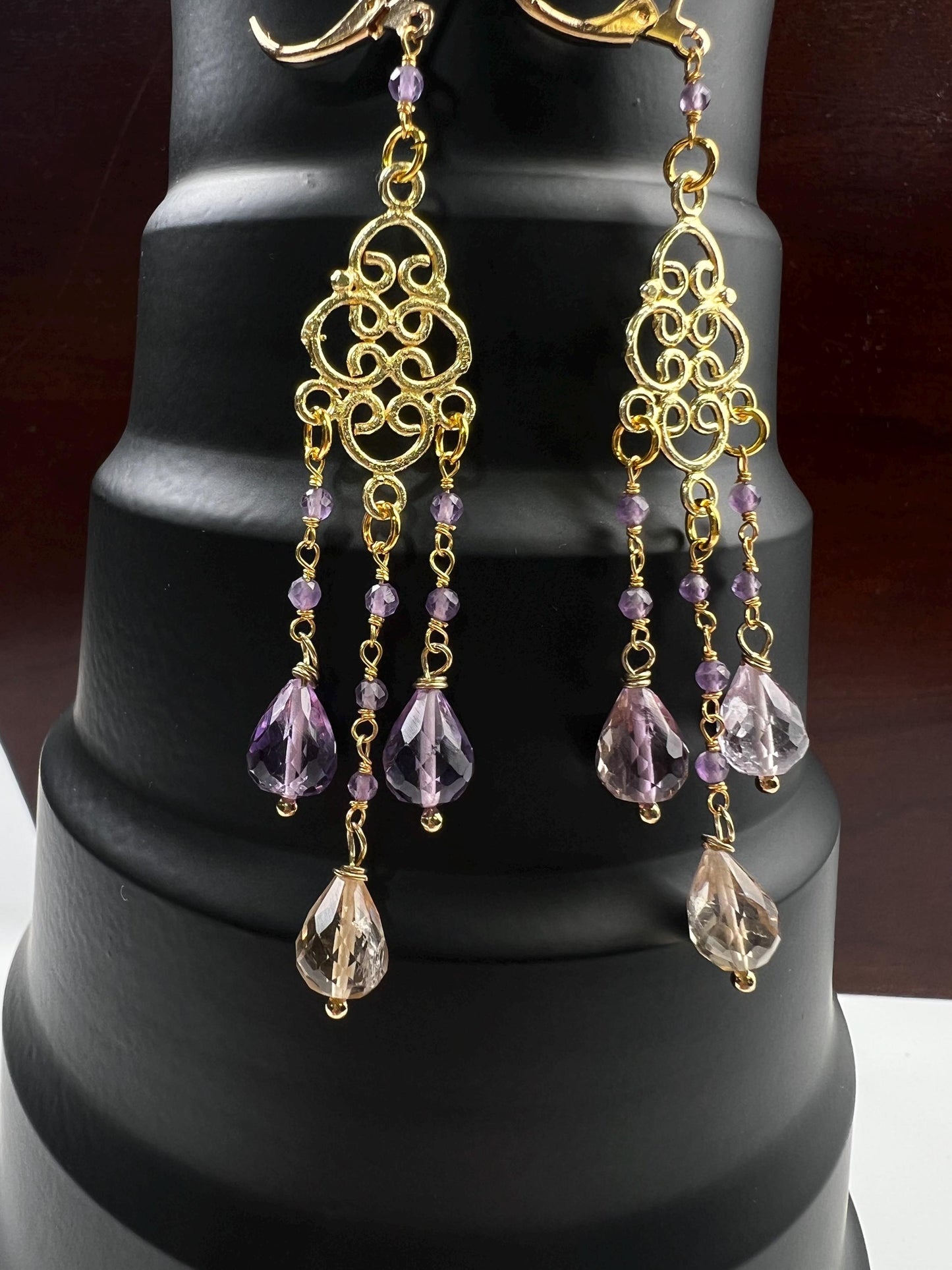 Natural Ametrine Faceted Drop Chandelier Earrings, handmade gemstone Wire wrapped yellow purple 18k Gold Vermeil Earring
