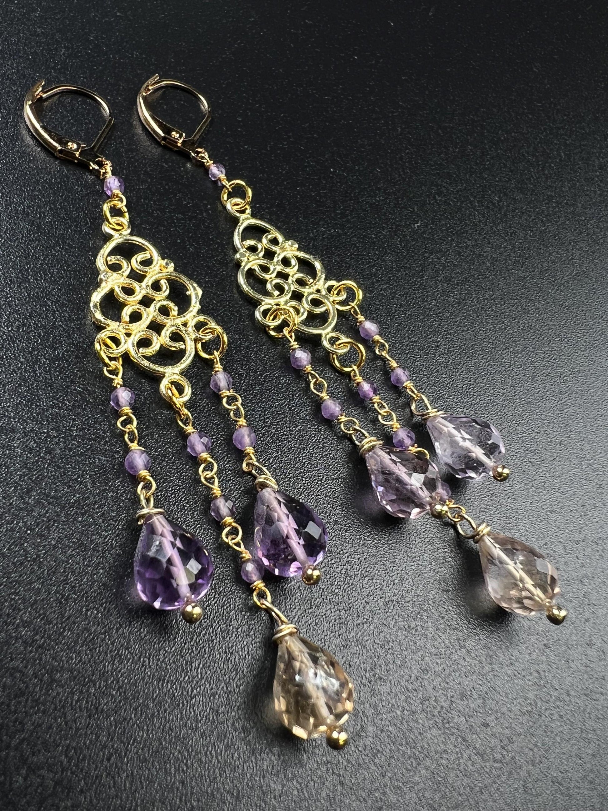 Natural Ametrine Faceted Drop Chandelier Earrings, handmade gemstone Wire wrapped yellow purple 18k Gold Vermeil Earring