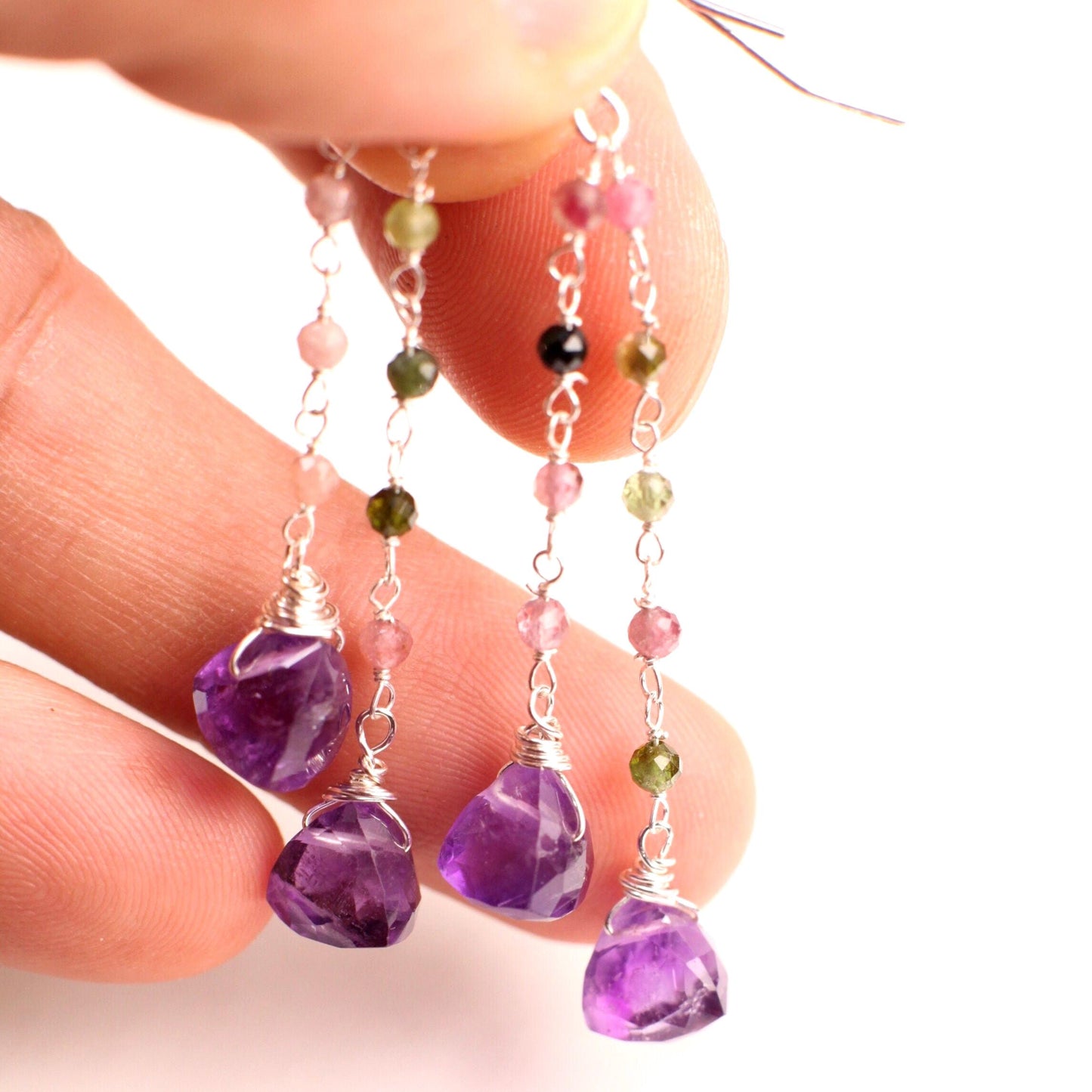 Natural Amethyst Trillion 8mm faceted dangling with Watermelon Tourmaline 925 sterling silver Earrings Handmade Gift