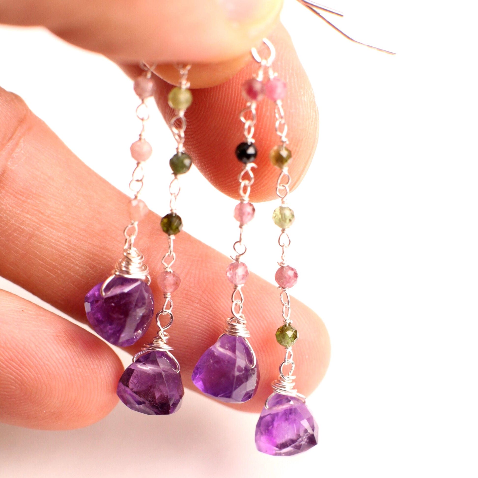 Natural Amethyst Trillion 8mm faceted dangling with Watermelon Tourmaline 925 sterling silver Earrings Handmade Gift