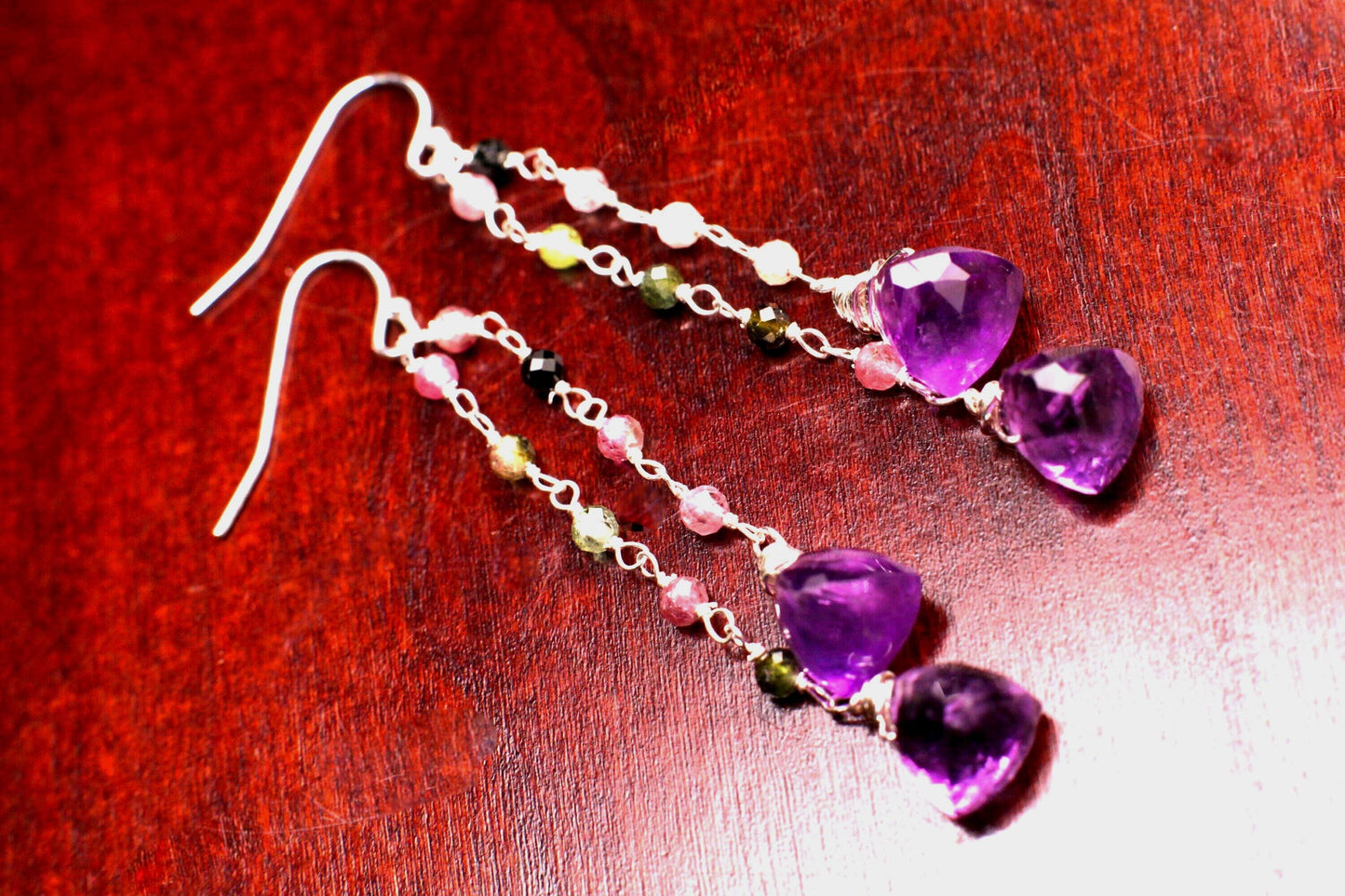 Natural Amethyst Trillion 8mm faceted dangling with Watermelon Tourmaline 925 sterling silver Earrings Handmade Gift
