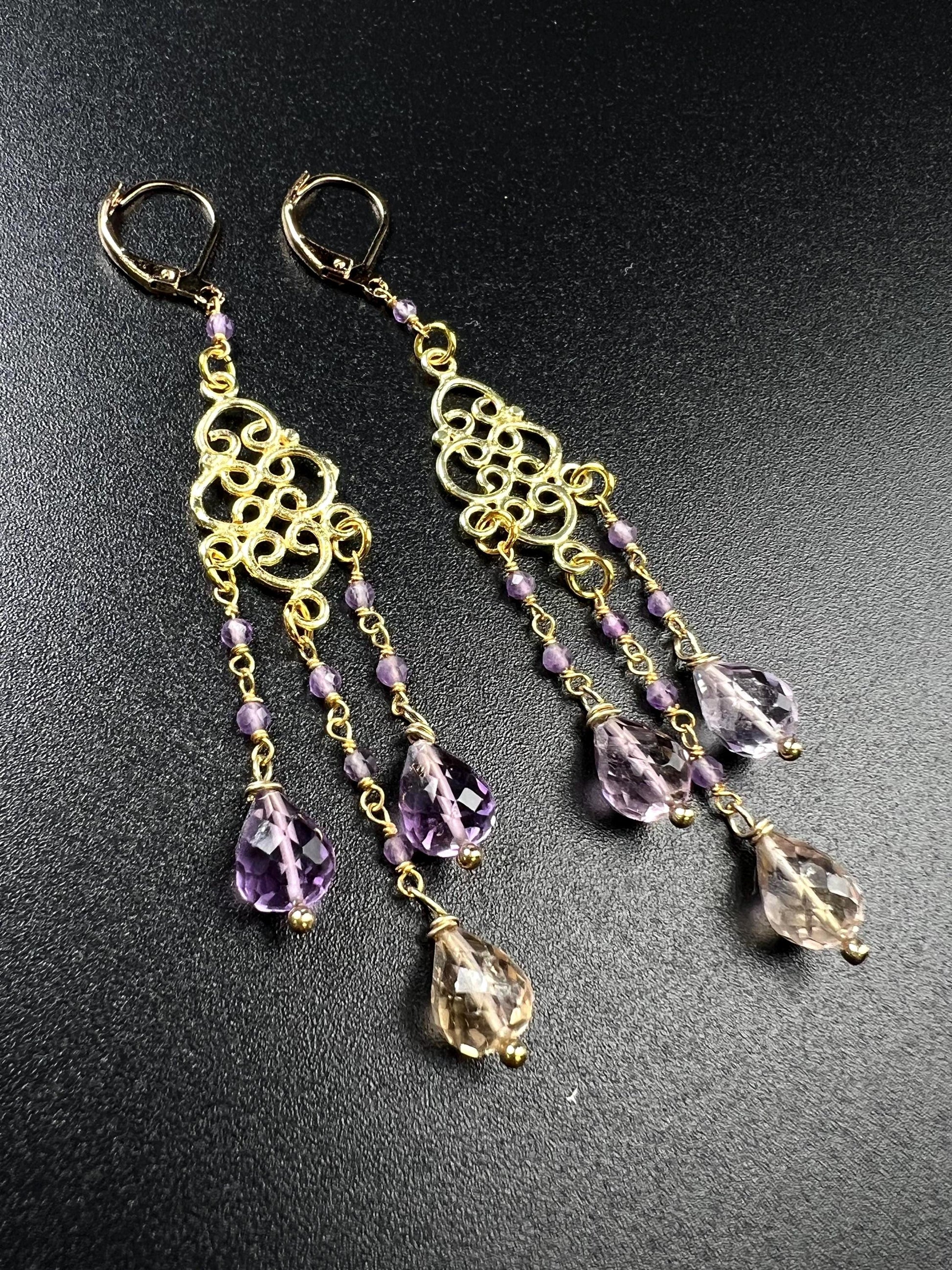 Natural Ametrine Faceted Drop Chandelier Earrings, handmade gemstone Wire wrapped yellow purple 18k Gold Vermeil Earring