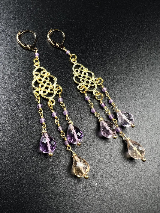Natural Ametrine Faceted Drop Chandelier Earrings, handmade gemstone Wire wrapped yellow purple 18k Gold Vermeil Earring