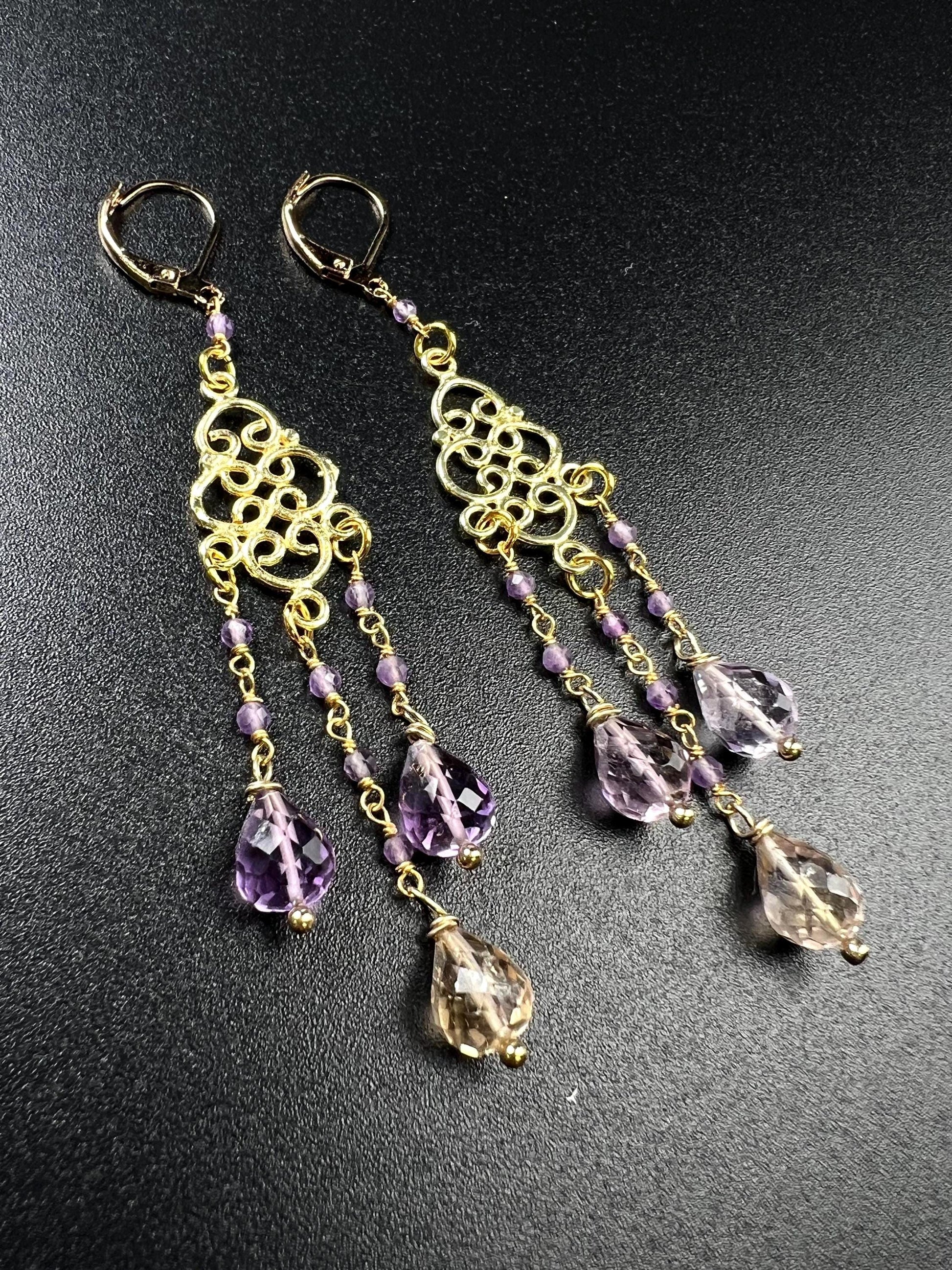 Natural Ametrine Faceted Drop Chandelier Earrings, handmade gemstone Wire wrapped yellow purple 18k Gold Vermeil Earring