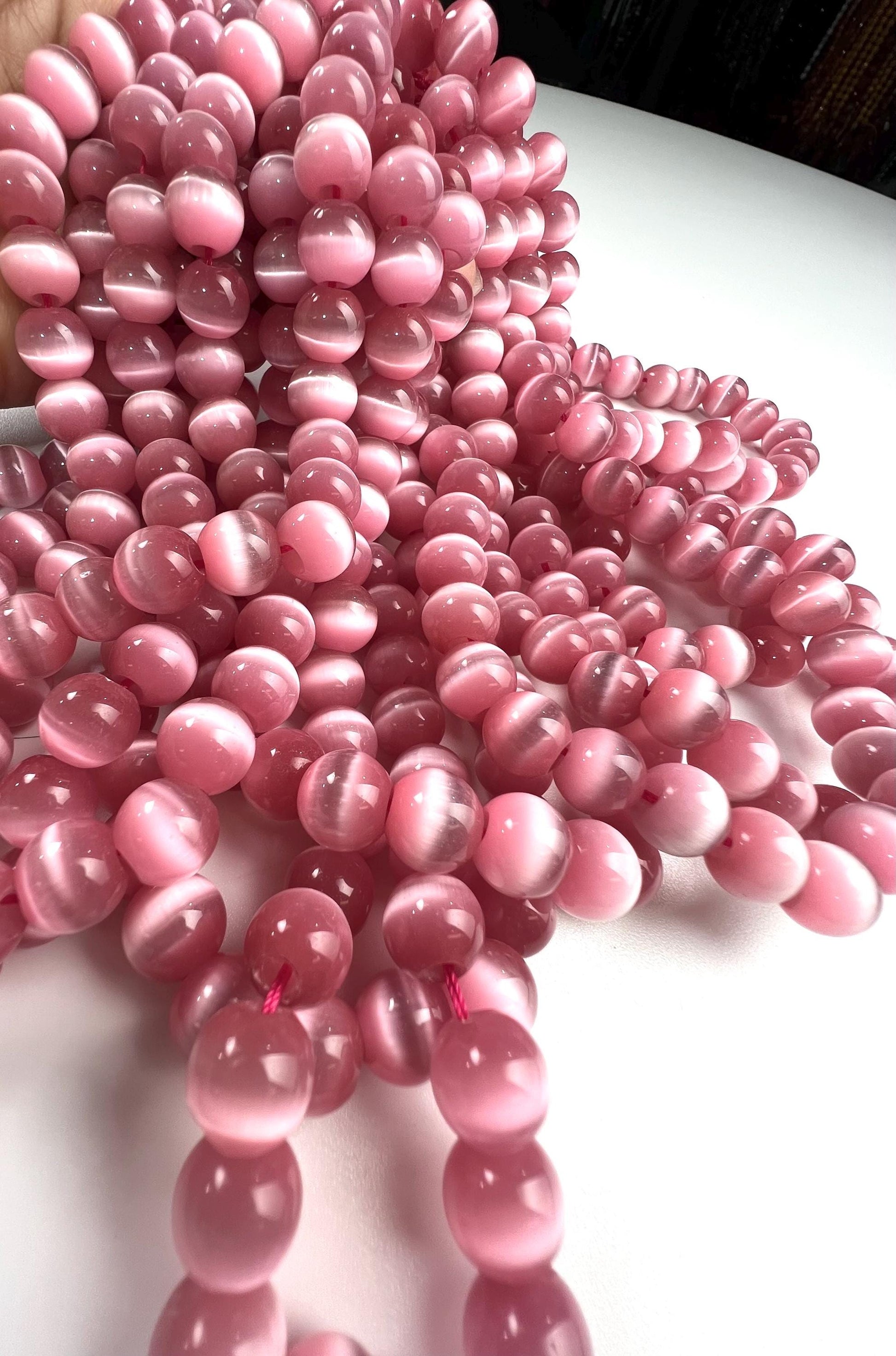 Pink Cat’s Eye 10mm smooth round large hole beads 14” strand 38 pcs