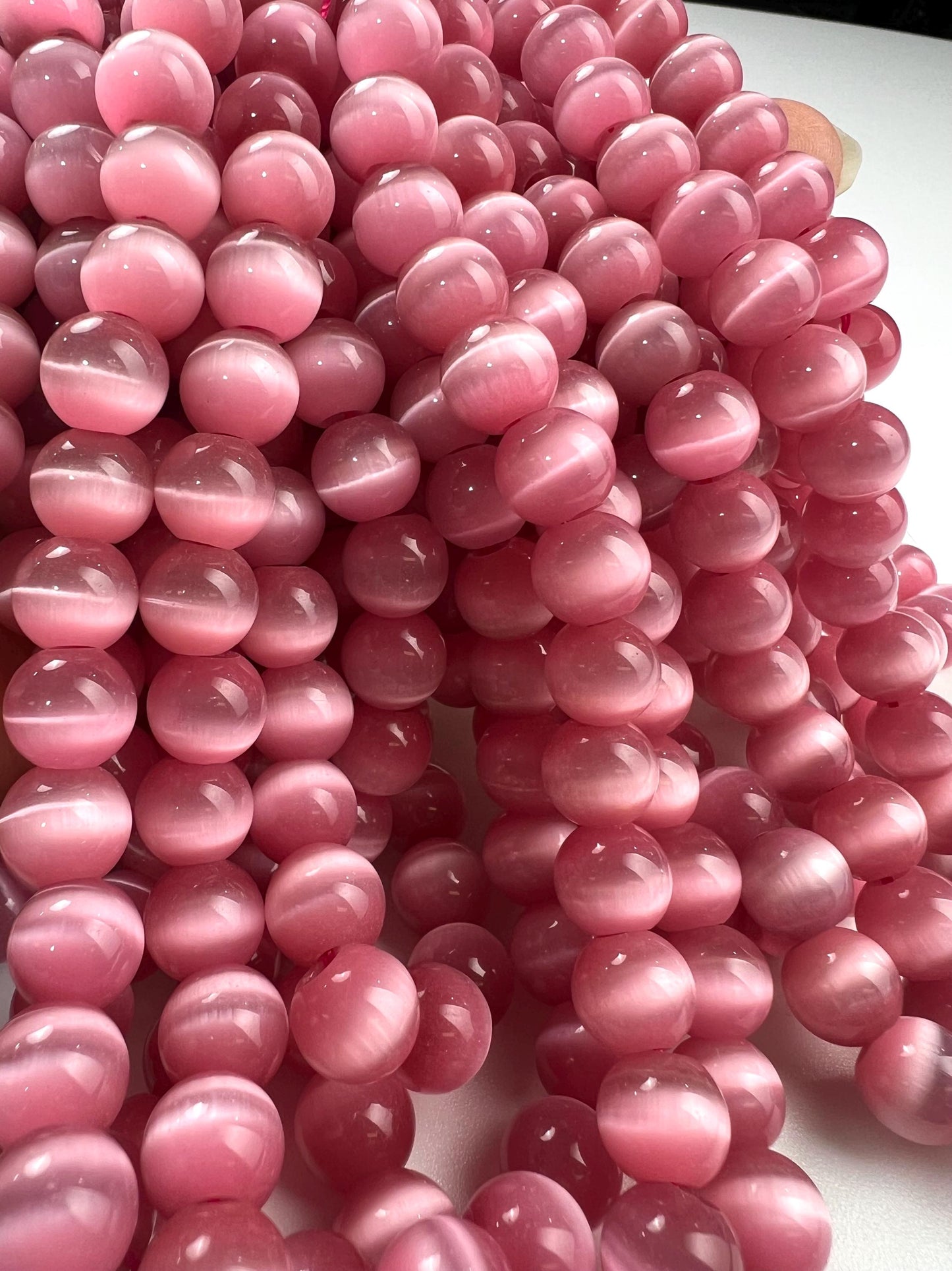 Pink Cat’s Eye 10mm smooth round large hole beads 14” strand 38 pcs