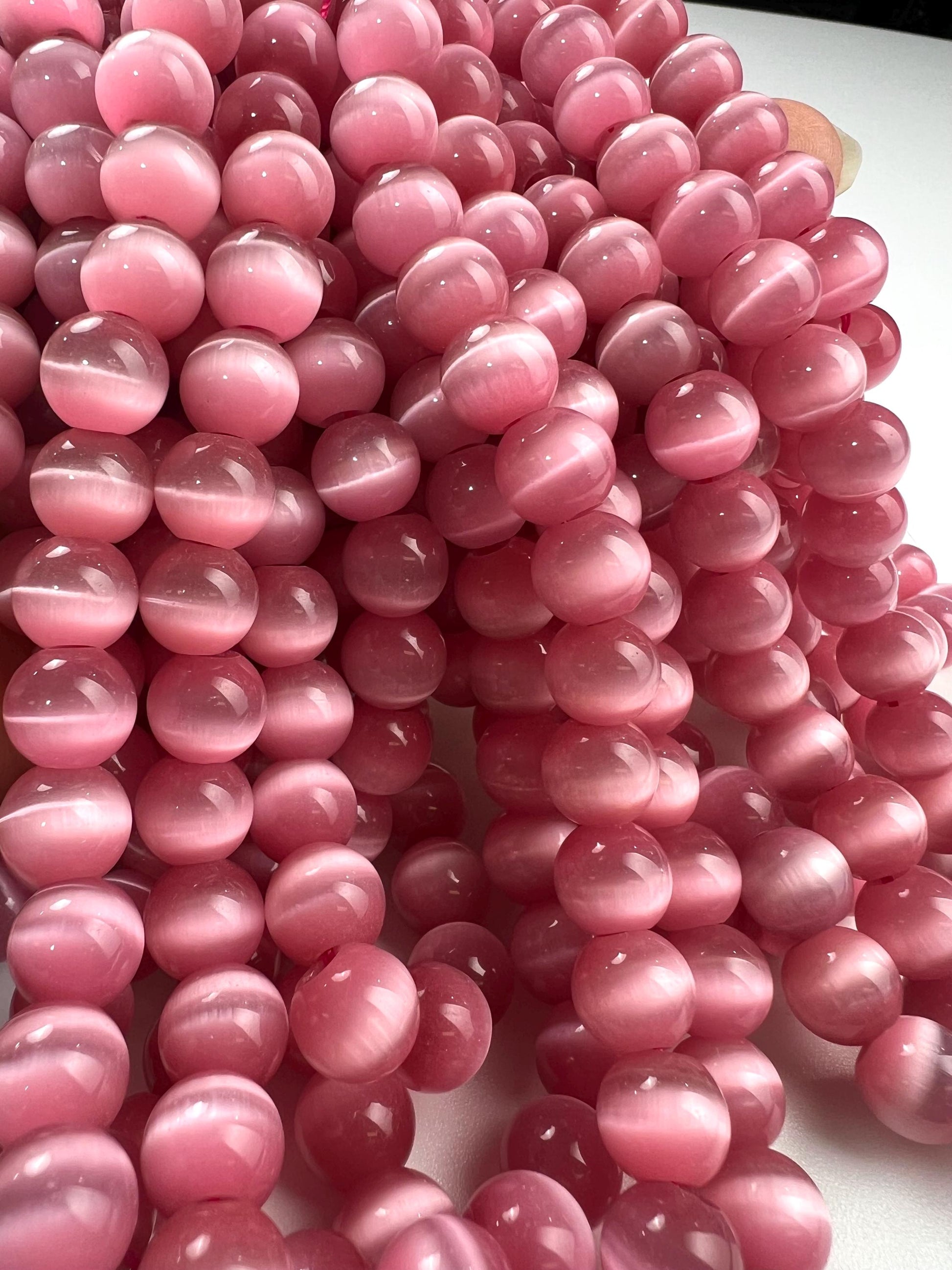 Pink Cat’s Eye 10mm smooth round large hole beads 14” strand 38 pcs