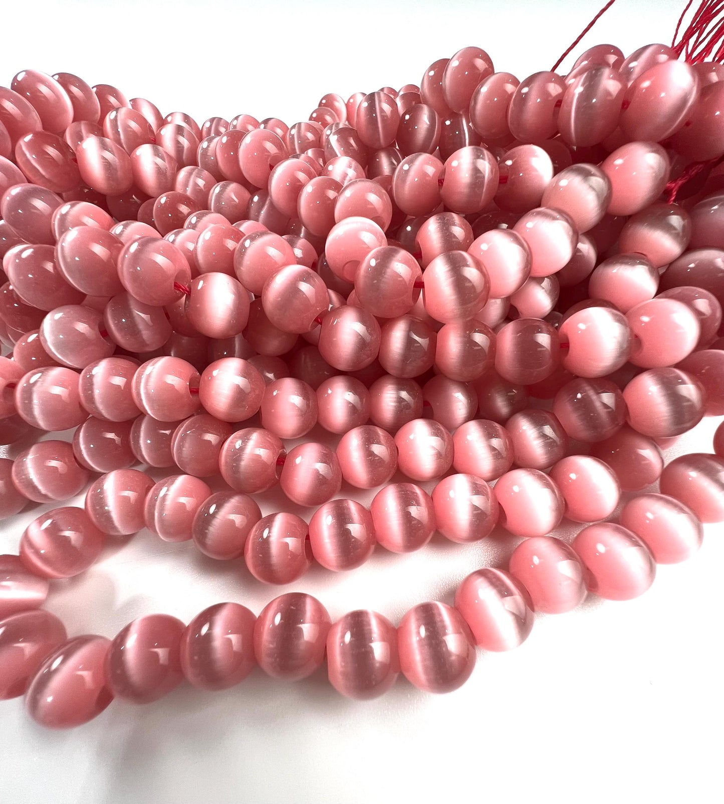 Pink Cat’s Eye 10mm smooth round large hole beads 14” strand 38 pcs