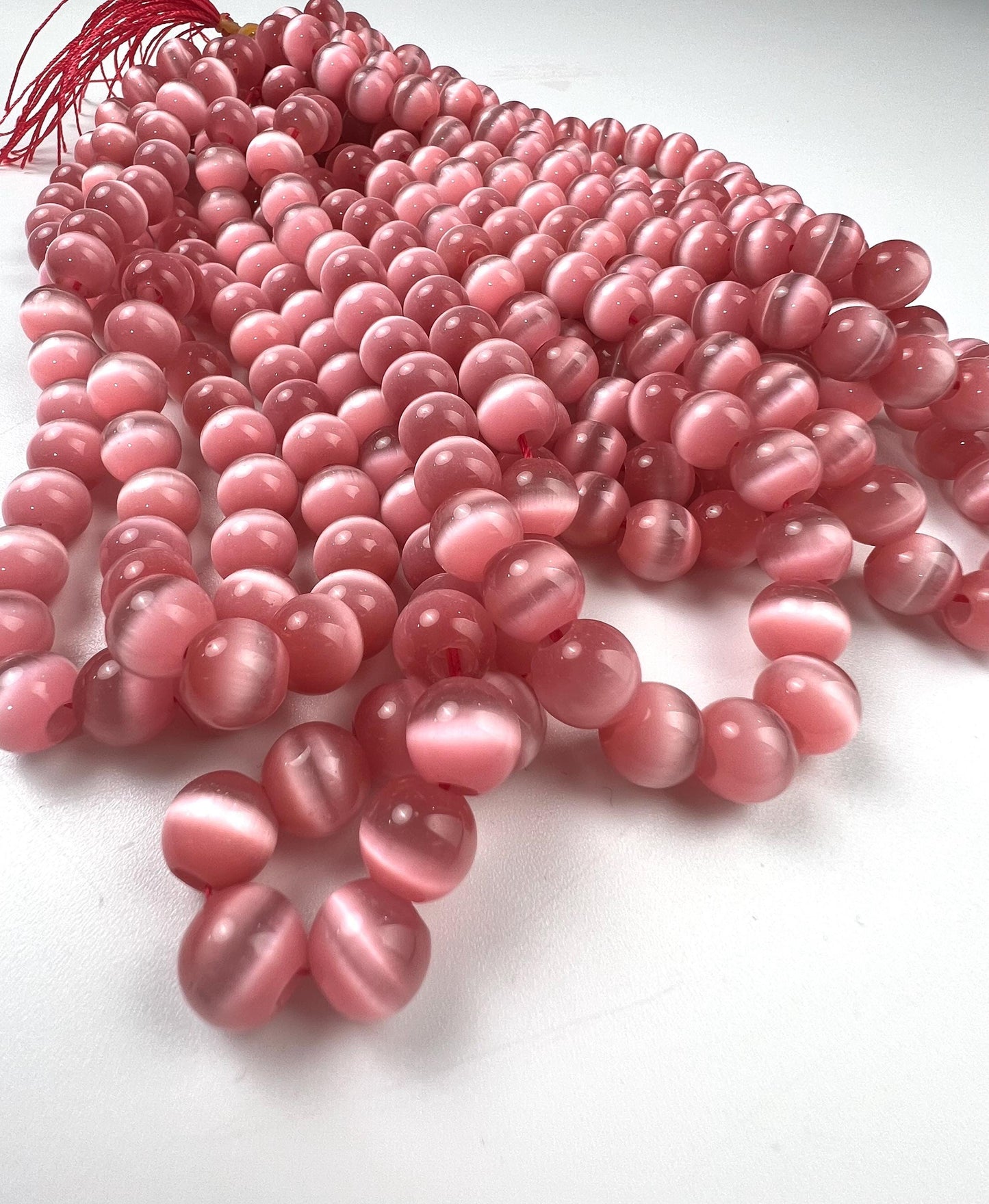 Pink Cat’s Eye 10mm smooth round large hole beads 14” strand 38 pcs