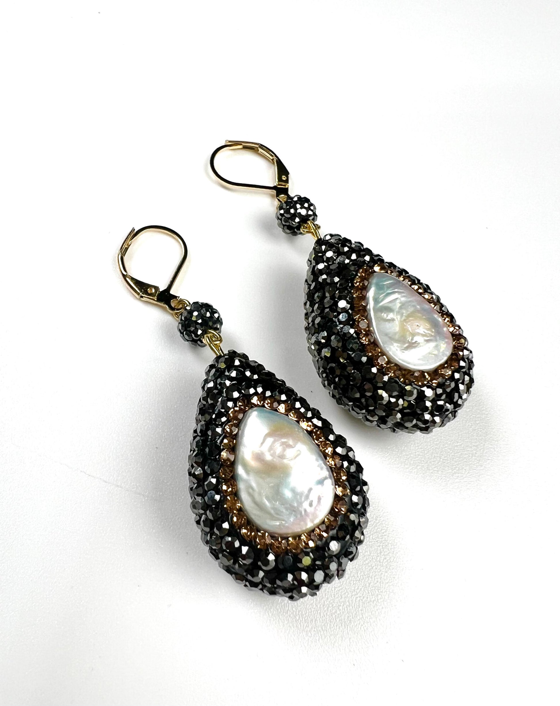 Freshwater coin pearl setting Pave crystal Puff oval drop 20x29mm dangling gold earring. Large and light wt beautiful earrings