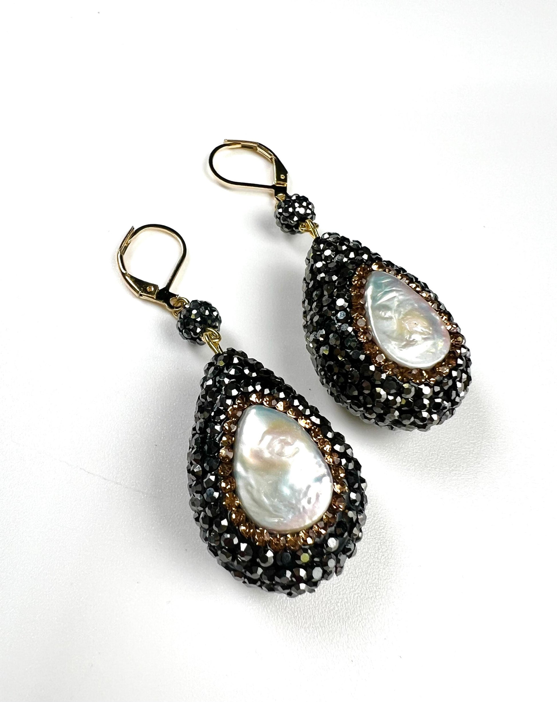 Freshwater coin pearl setting Pave crystal Puff oval drop 20x29mm dangling gold earring. Large and light wt beautiful earrings