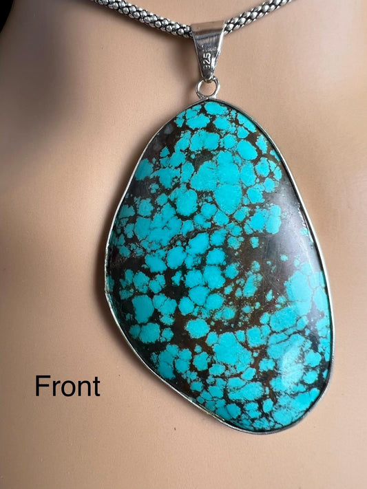 Natural Turquoise Pendant, Genuine AAA Tibetan Spiderweb Turquoise sterling Silver Bezel Pendant. Include rhodium chain vintage gift