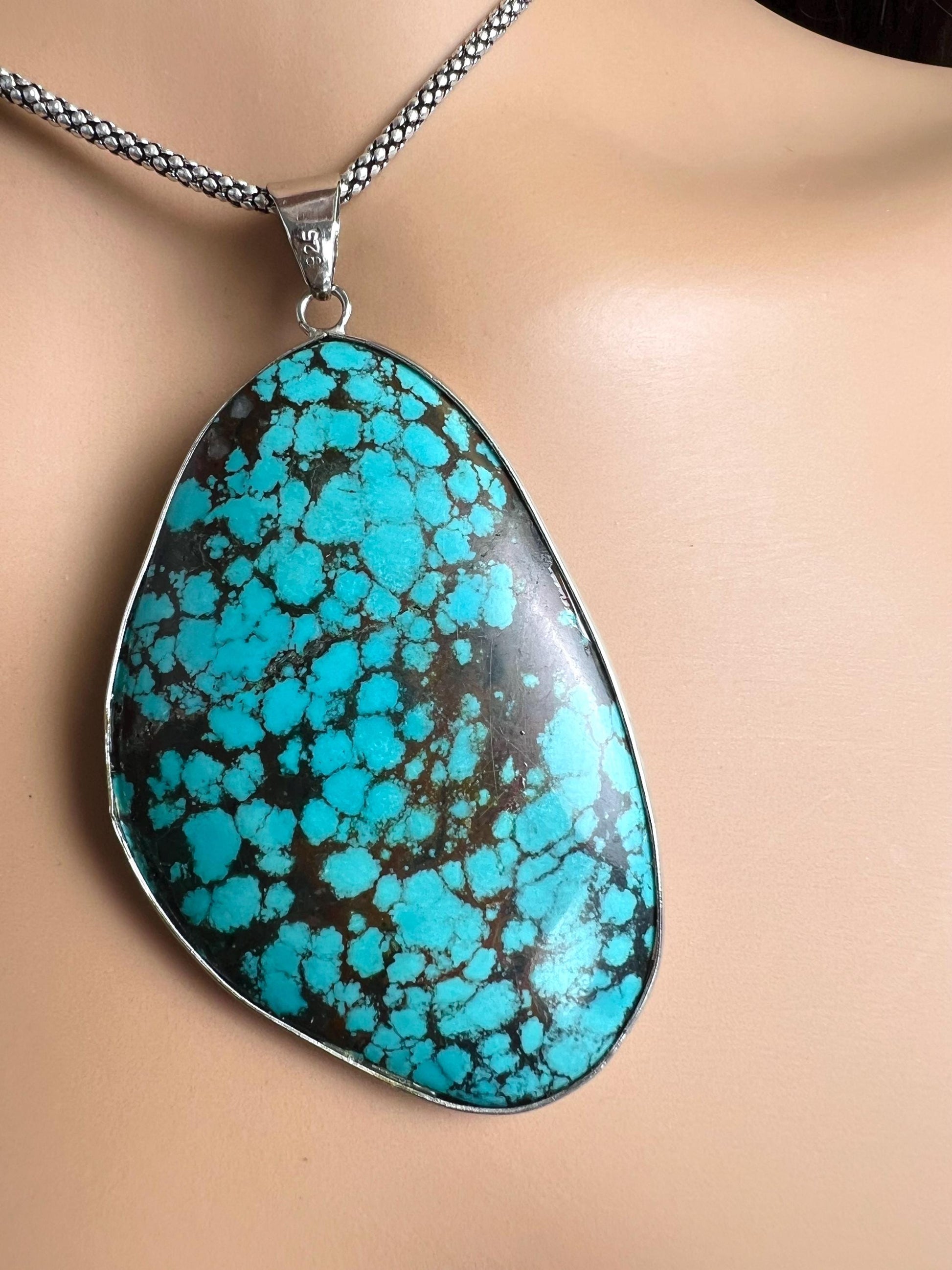 Natural Turquoise Pendant, Genuine AAA Tibetan Spiderweb Turquoise sterling Silver Bezel Pendant. Include rhodium chain vintage gift