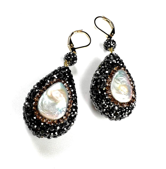 Freshwater coin pearl setting Pave crystal Puff oval drop 20x29mm dangling gold earring. Large and light wt beautiful earrings
