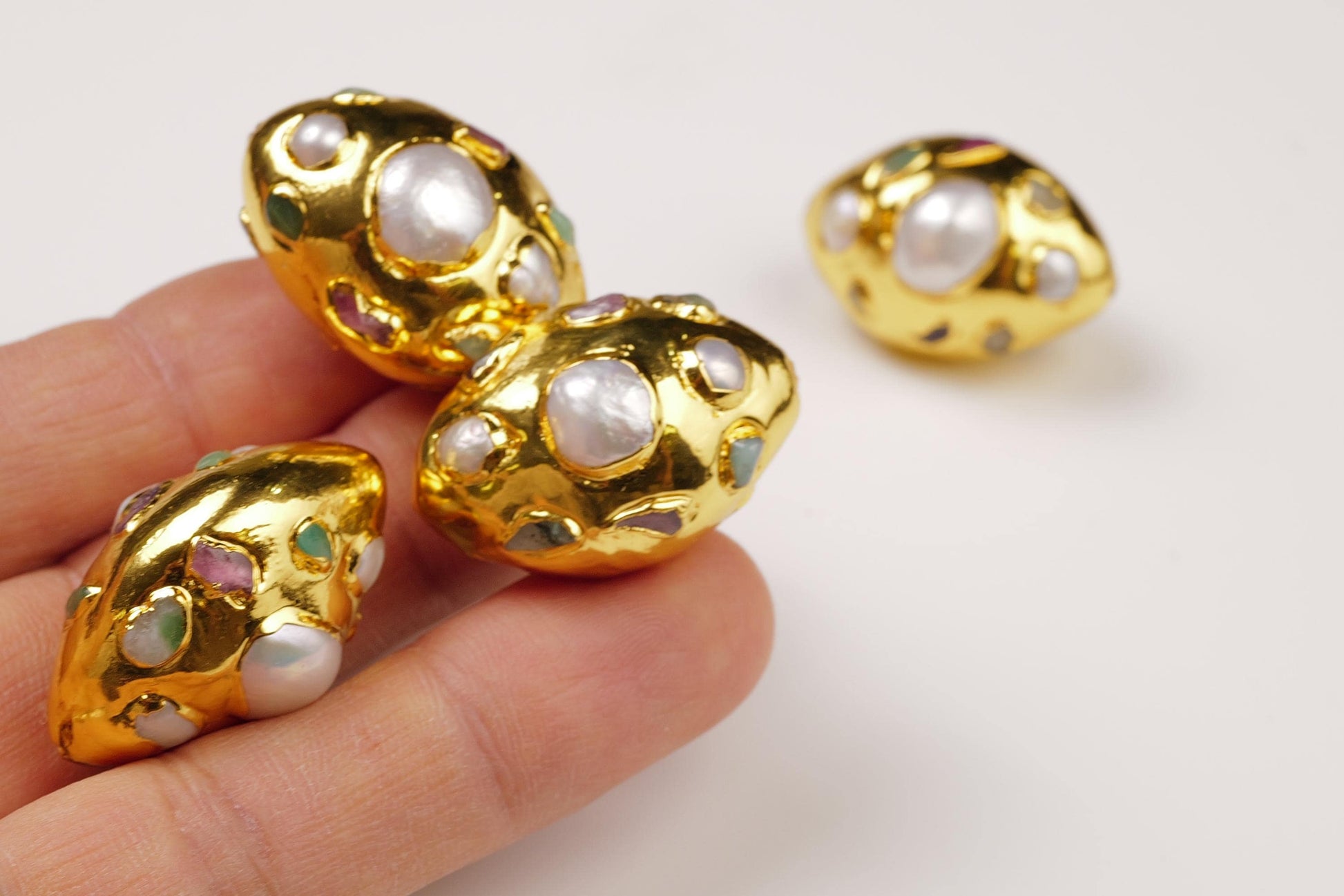Freshwater Pearl with Amethyst, Apatite, Aquamarine, Gemstones Pave Gold Handmade Fancy Focal Bead, 22x32mm, 1 pc, Jewelry Making Bling Bead