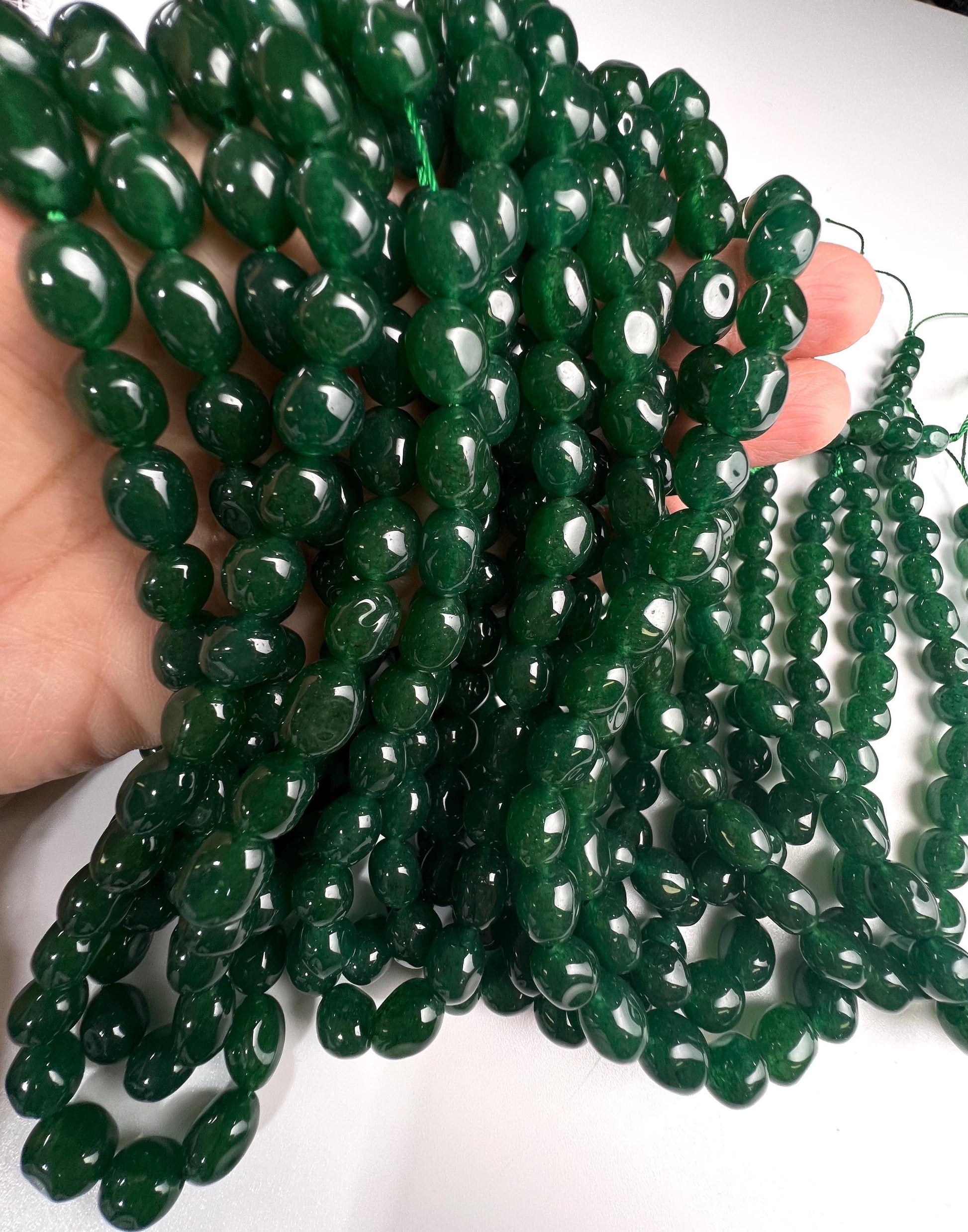 Dark green jade oval smooth 8x10mm beads for jewelry making 14” strand