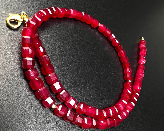 Genuine Red Spinel Faceted Square Cube 5mm Beautiful Gold filled Necklace. Pomegranate Red Holiday gift